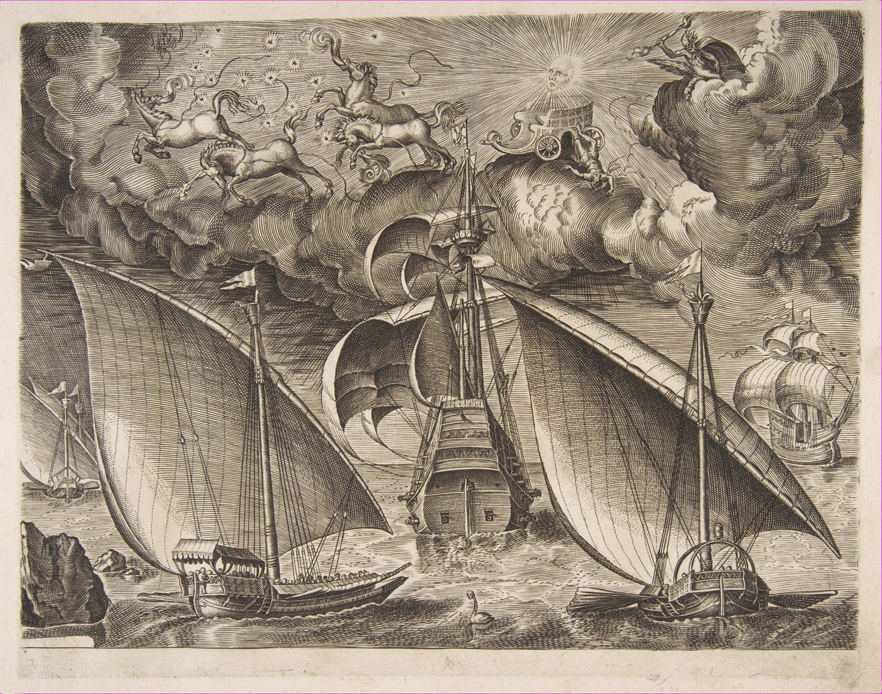 Kaksi keittiötä purjehtimassa aseistetun kolmipäällikön takana Phaetonin ja Jupiterin kanssa taivaalla, f..., 1561-65. tekijältä Frans Huys