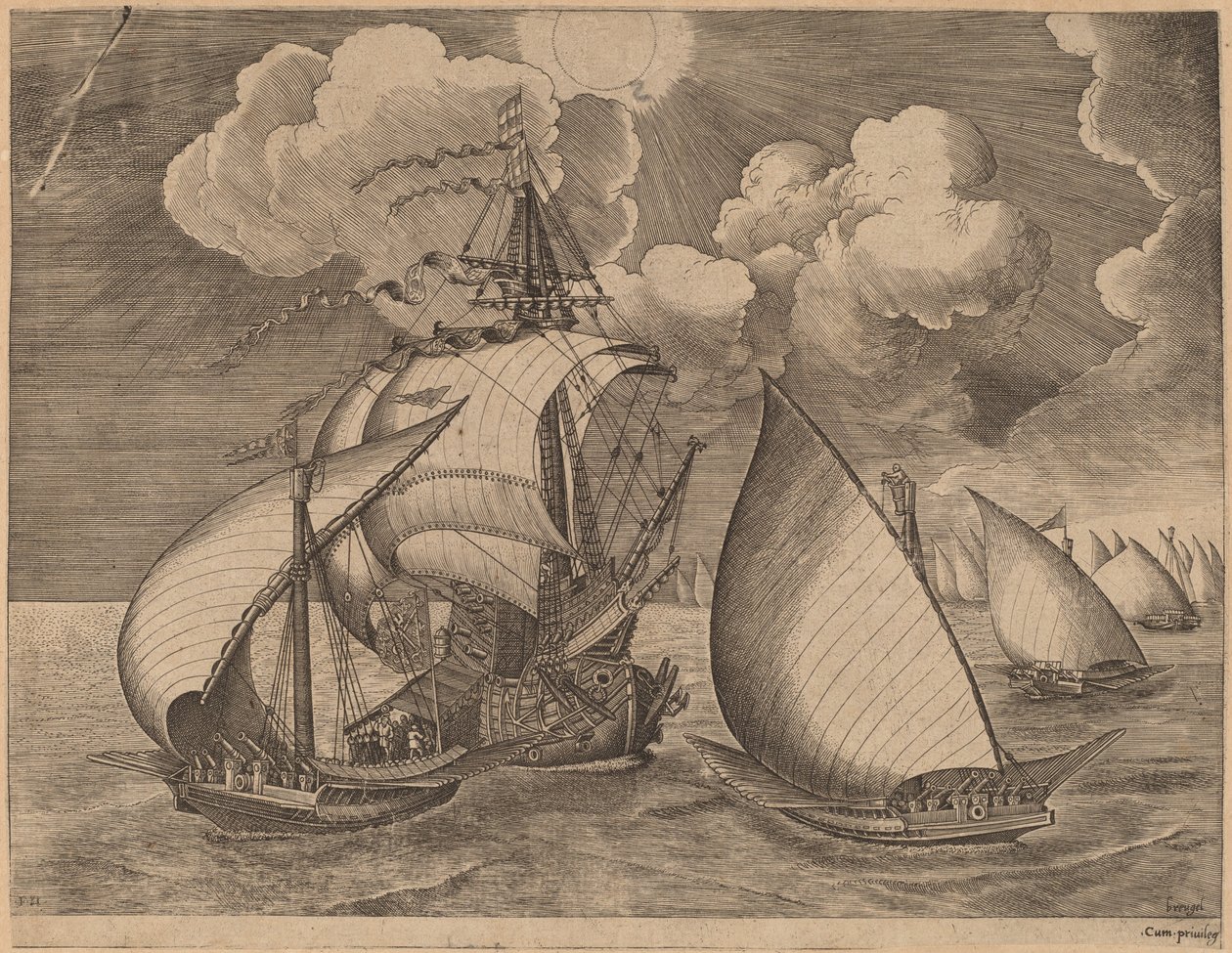 Galley-laivasto karavelin saattamana tekijältä Frans Huys after Pieter Bruegel the Elder