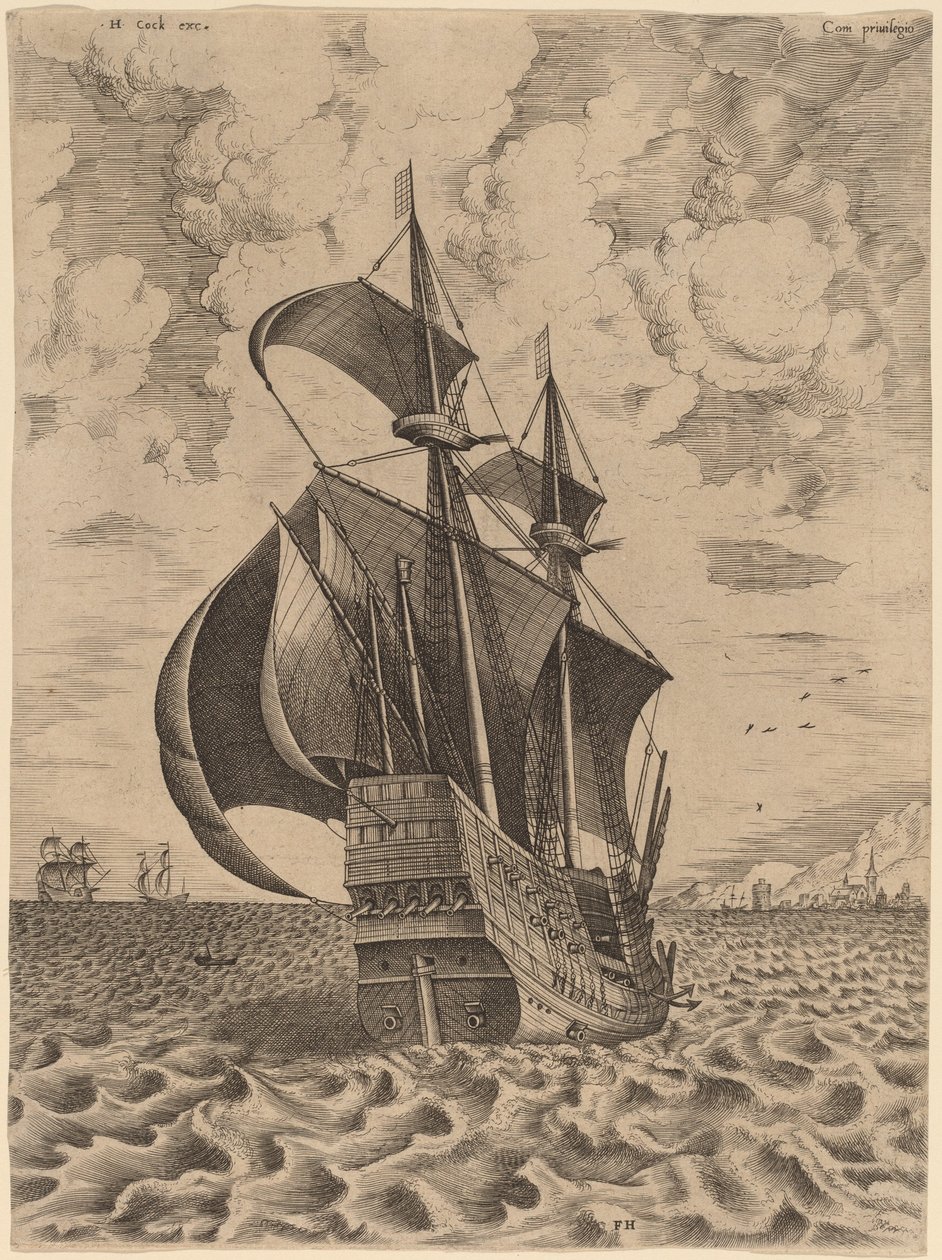 Aseistettu neljän päällikön purjehdus kohti satamaa tekijältä Frans Huys after Pieter Bruegel the Elder