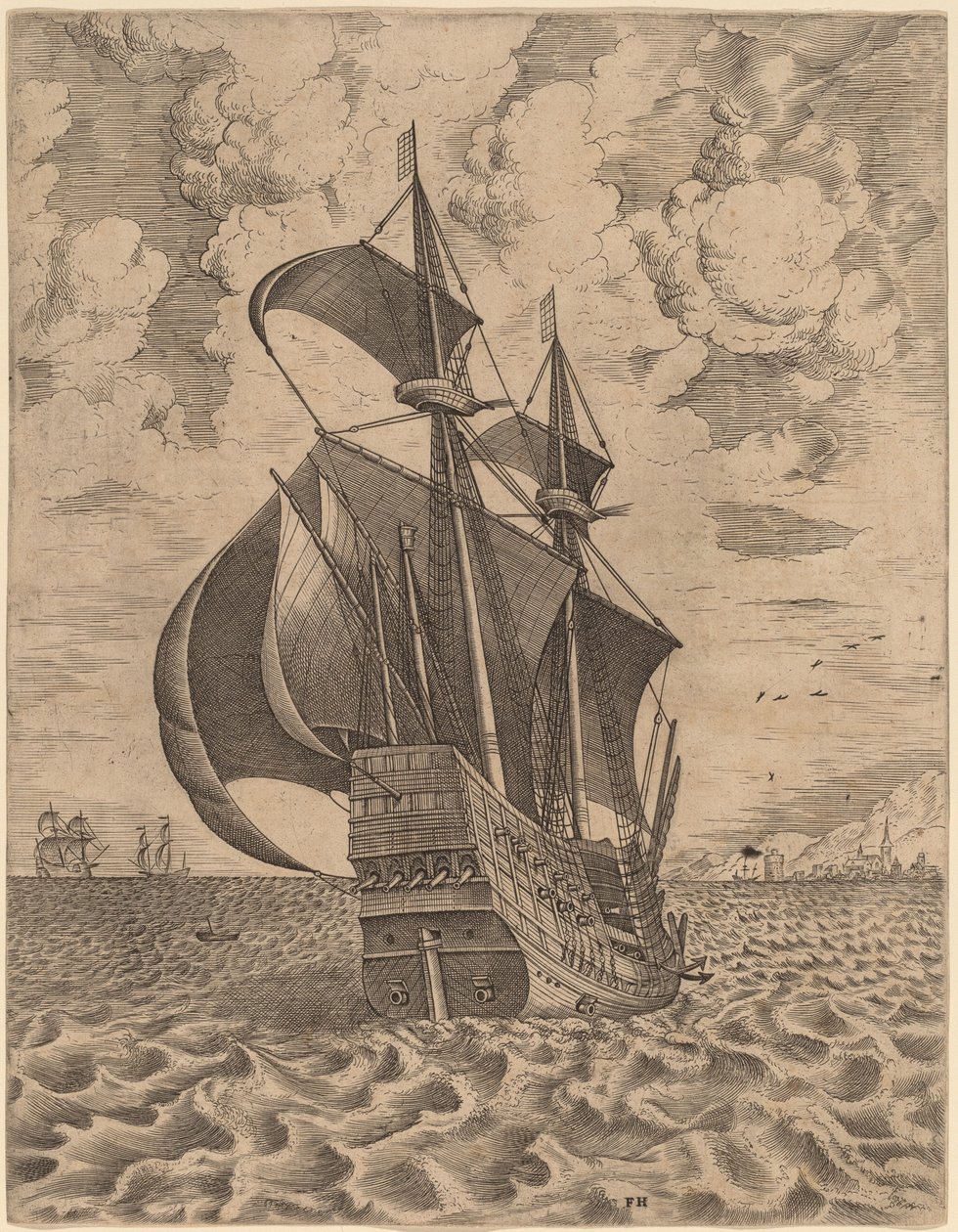 Aseistettu neljän päällikön purjehdus kohti satamaa tekijältä Frans Huys after Pieter Bruegel the Elder