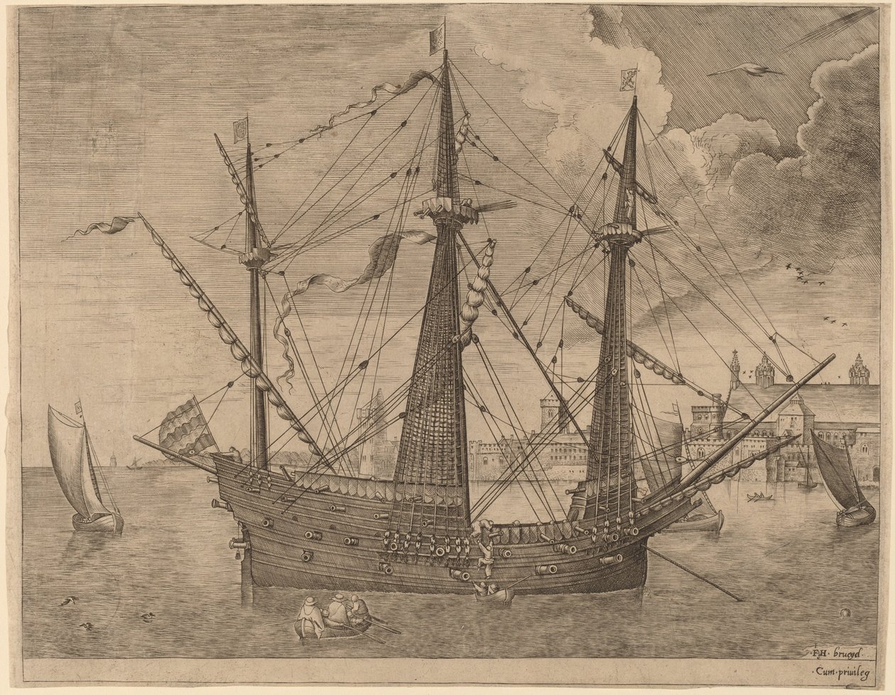 Aseistettu kolmipäällikkö ankkuroituna lähellä kaupunkia tekijältä Frans Huys after Pieter Bruegel the Elder