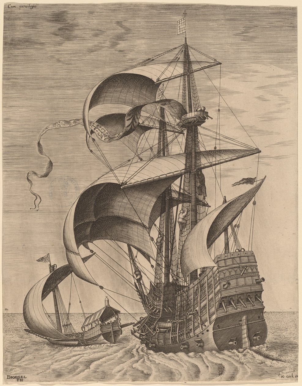 Aseistettu kolmipäällikkö avomerellä, keittiön mukana tekijältä Frans Huys after Pieter Bruegel the Elder
