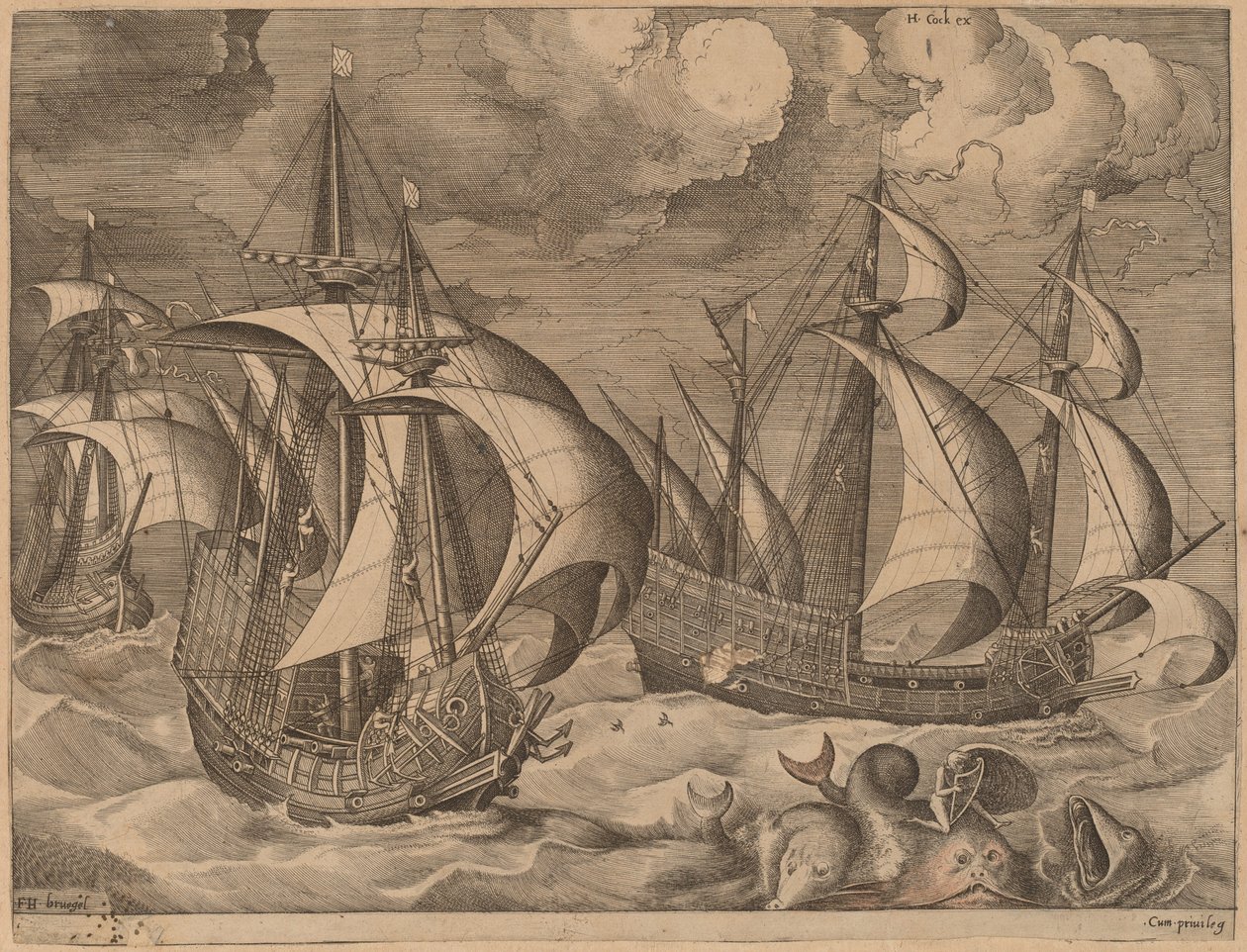 Kolme karavellia nousevassa myrskyssä Adrionin kanssa delfiinillä tekijältä Frans Huys after Pieter Bruegel the Elder