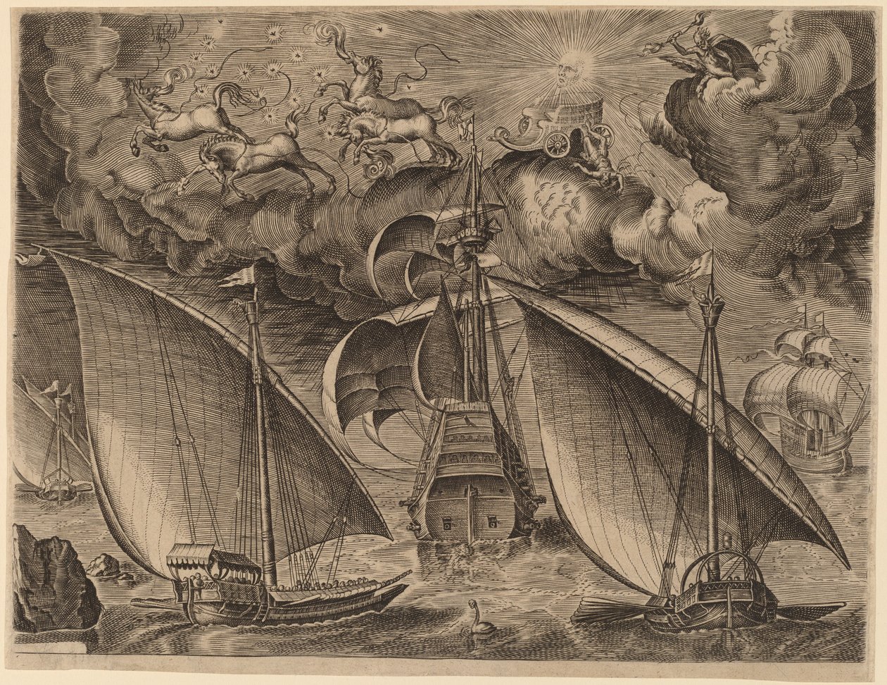 Kaksi keittiötä aseistetun kolmipäällikön takana Phaethonin ja Jupiterin kanssa taivaalla tekijältä Frans Huys after Pieter Bruegel the Elder
