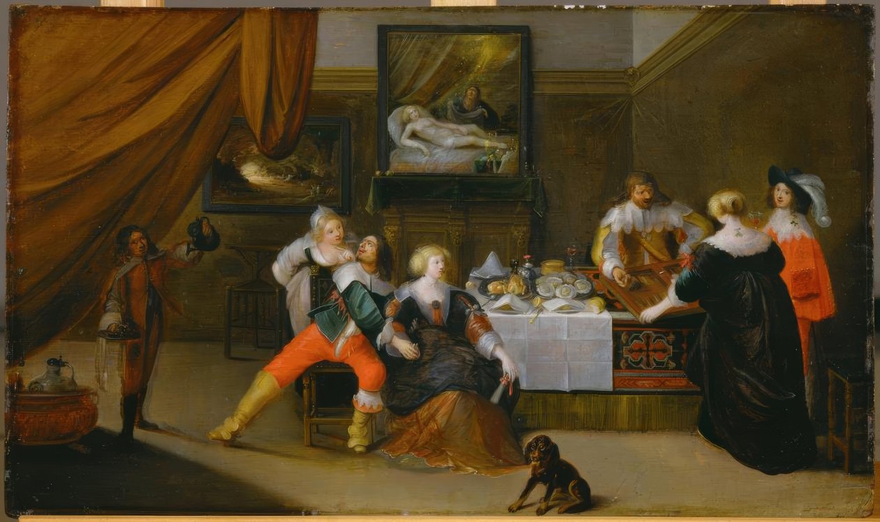 Gesellschaftsszene mit einem Bild der Danae im Hintergrund tekijältä Frans III Francken