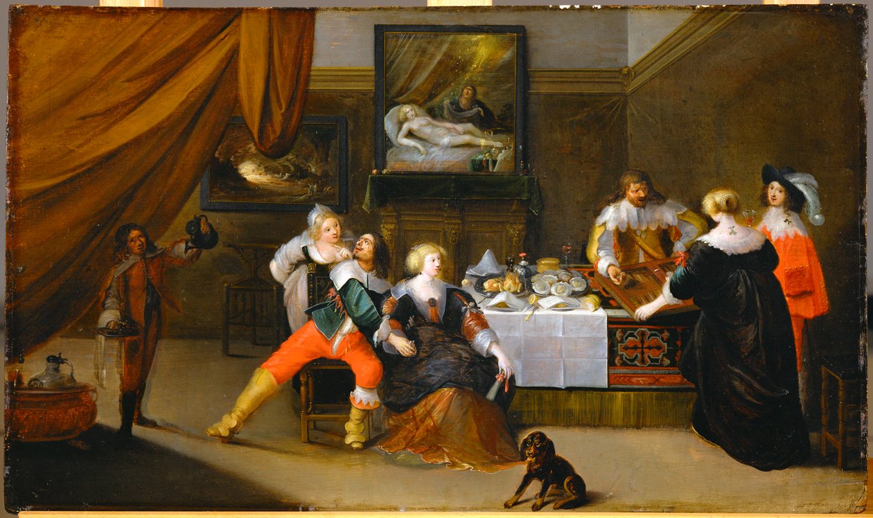 Seurapiirikohtaus, Danaen kuva takaseinällä (maalaus tammipuulle). tekijältä Frans III Francken