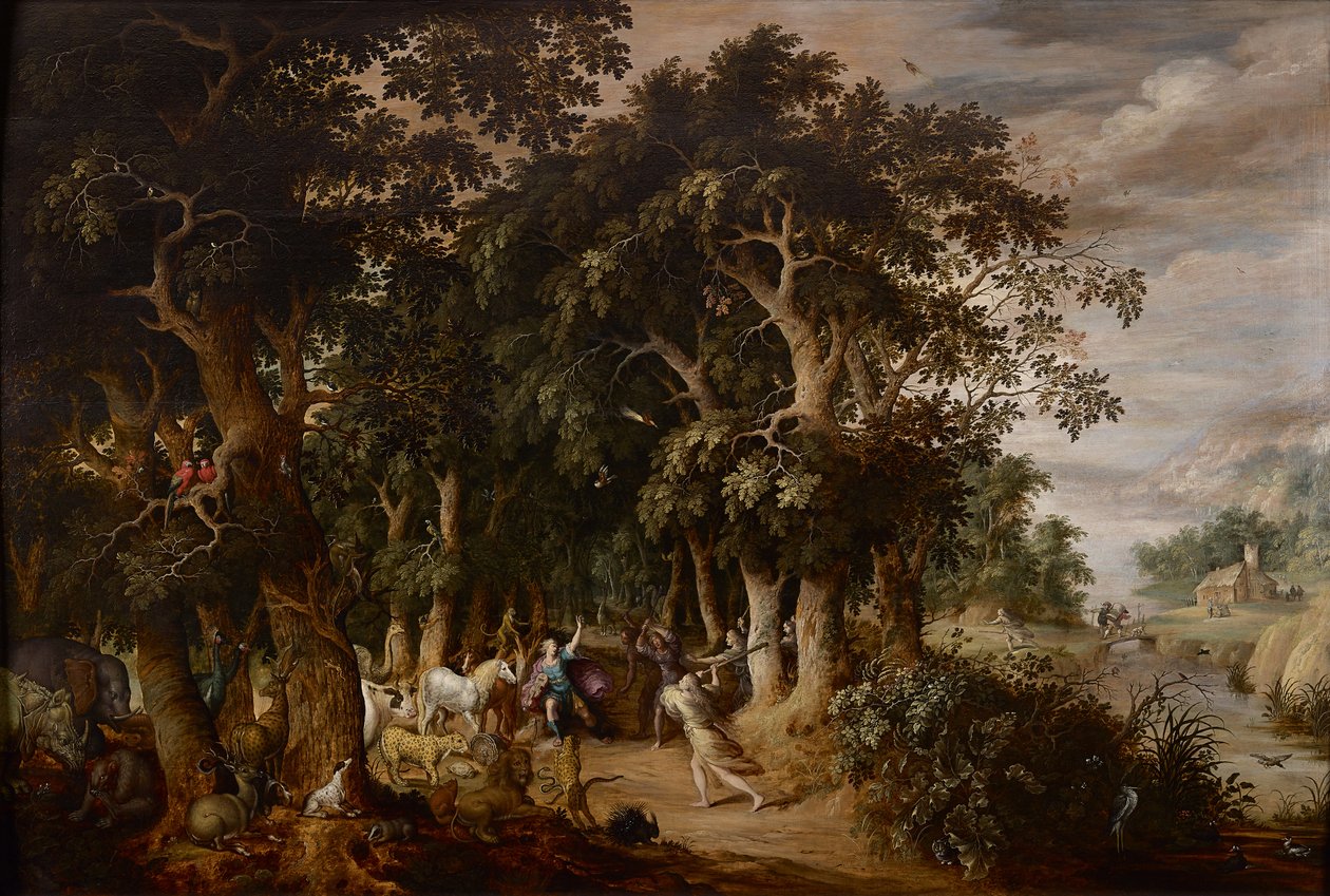 Laatu paksumetsässä maisemassa, jossa on monia eläimiä ja Orpheus, jolle traakialaiset naiset hyökkäsivät (öljy paneelissa) tekijältä Frans II Francken