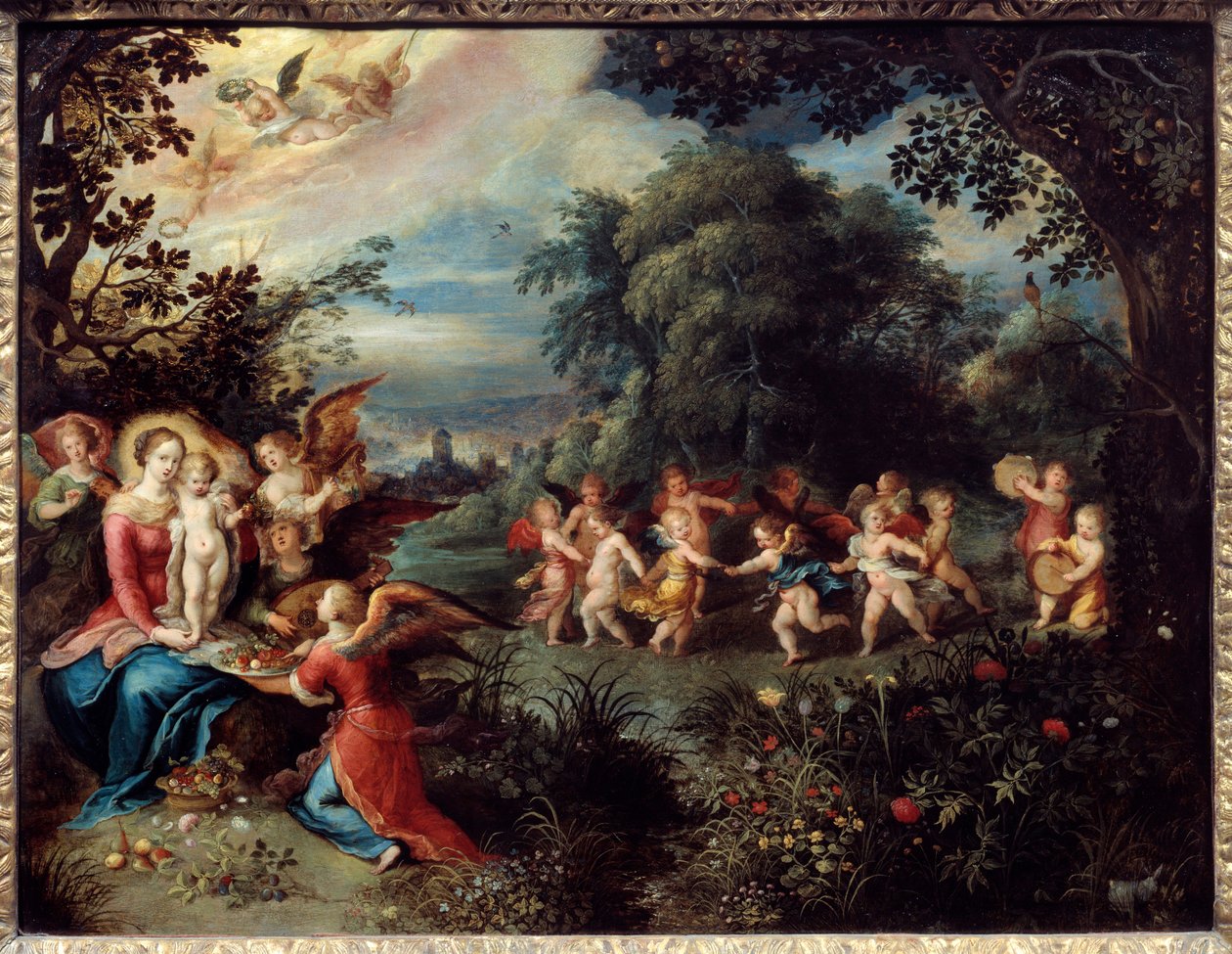 Madonna saa lapsensa maisemassa, jota ympäröivät muusikot ja tanssivat enkelit. Frans Le Jeune Frankenin (1581-1642) maalaus Ec. Flam. tekijältä Frans II Francken