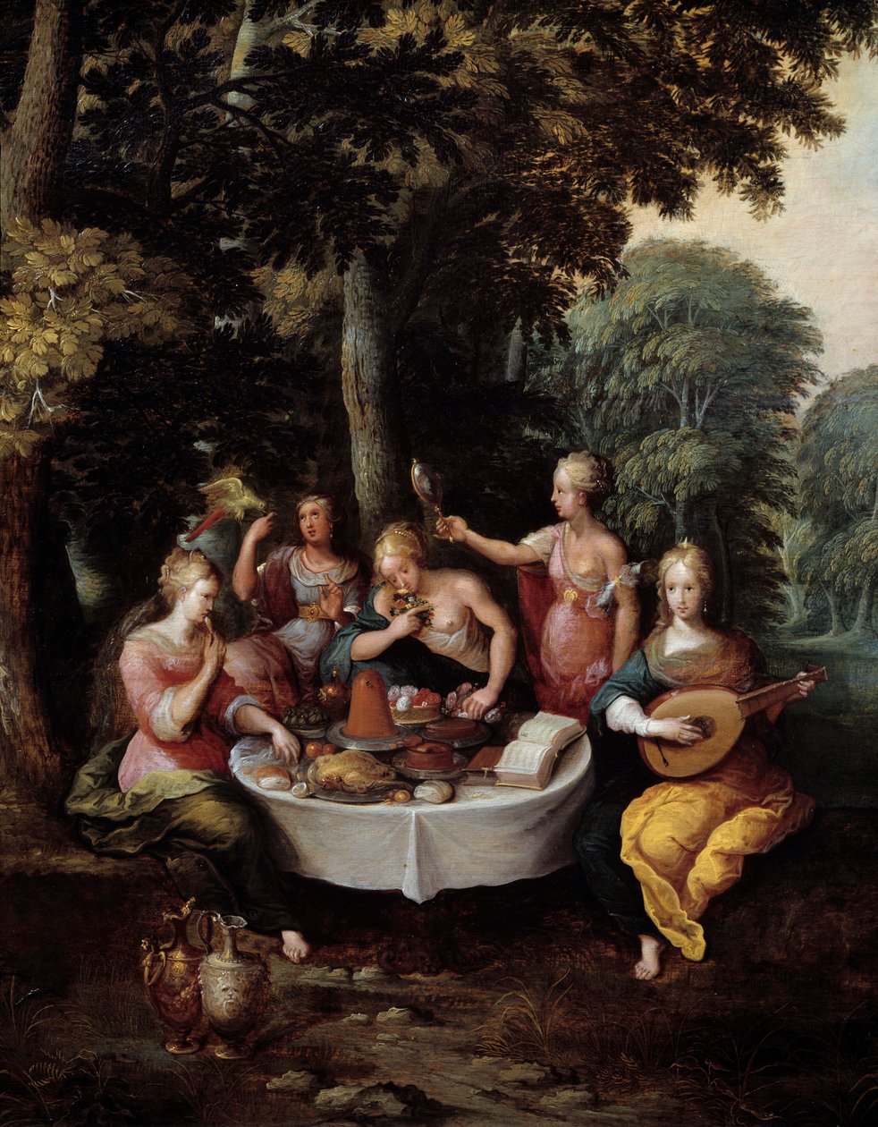 Viisi aistia nuoria naisia maisemassa, jossa on juhla (maku), musiikki (kuule), peili (näkymä), kukkakimppu (tuoksu) ja hyväily (kosketus). Yksityiskohta. Franz (Frans) Francken II le Jeunen (1581-1642) maalaus tekijältä Frans II Francken