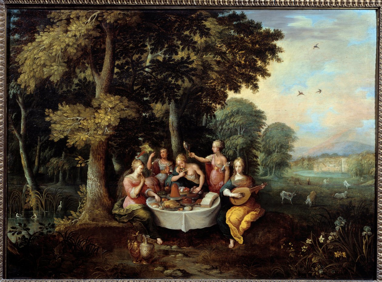 Viisi aistia nuoria naisia maisemassa, jossa on juhla (maku), musiikki (kuule), peili (näkymä), kukkakimppu (tuoksu) ja hyväily (kosketus). Franz (Frans) Francken II le Jeunen (1581-1642) maalaus (ec.flam.) 1600-luvun su. 0,65x0,9 m Toulouse, museo tekijältä Frans II Francken