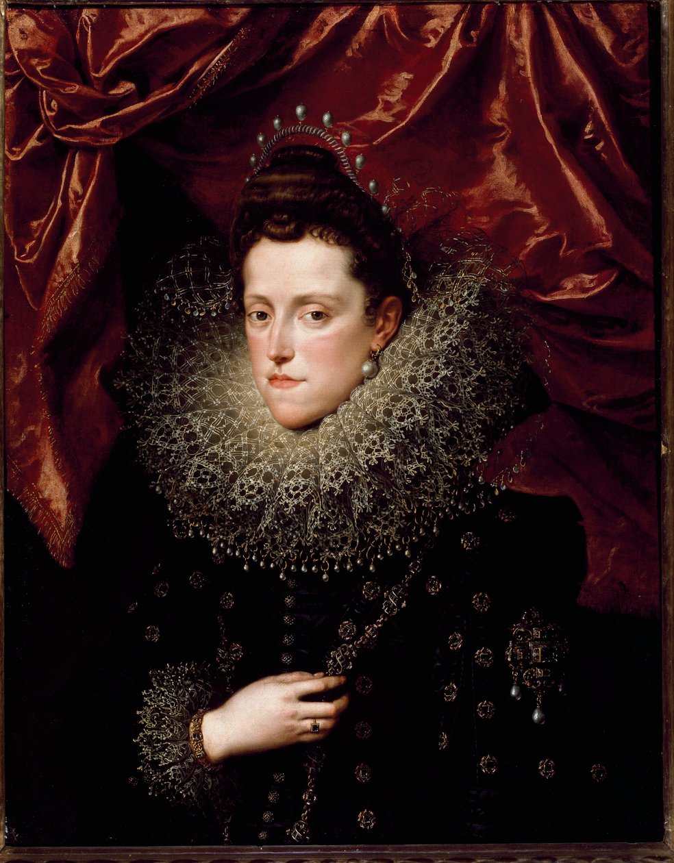 Eleonore de Medicisin (1566-1611) muotokuva Toscanan prinsessa Hänellä on mansikkakaulus. Frans Pourbus Le Jeune (Francois (Franz) Porbus) maalaus tekijältä Frans II Pourbus