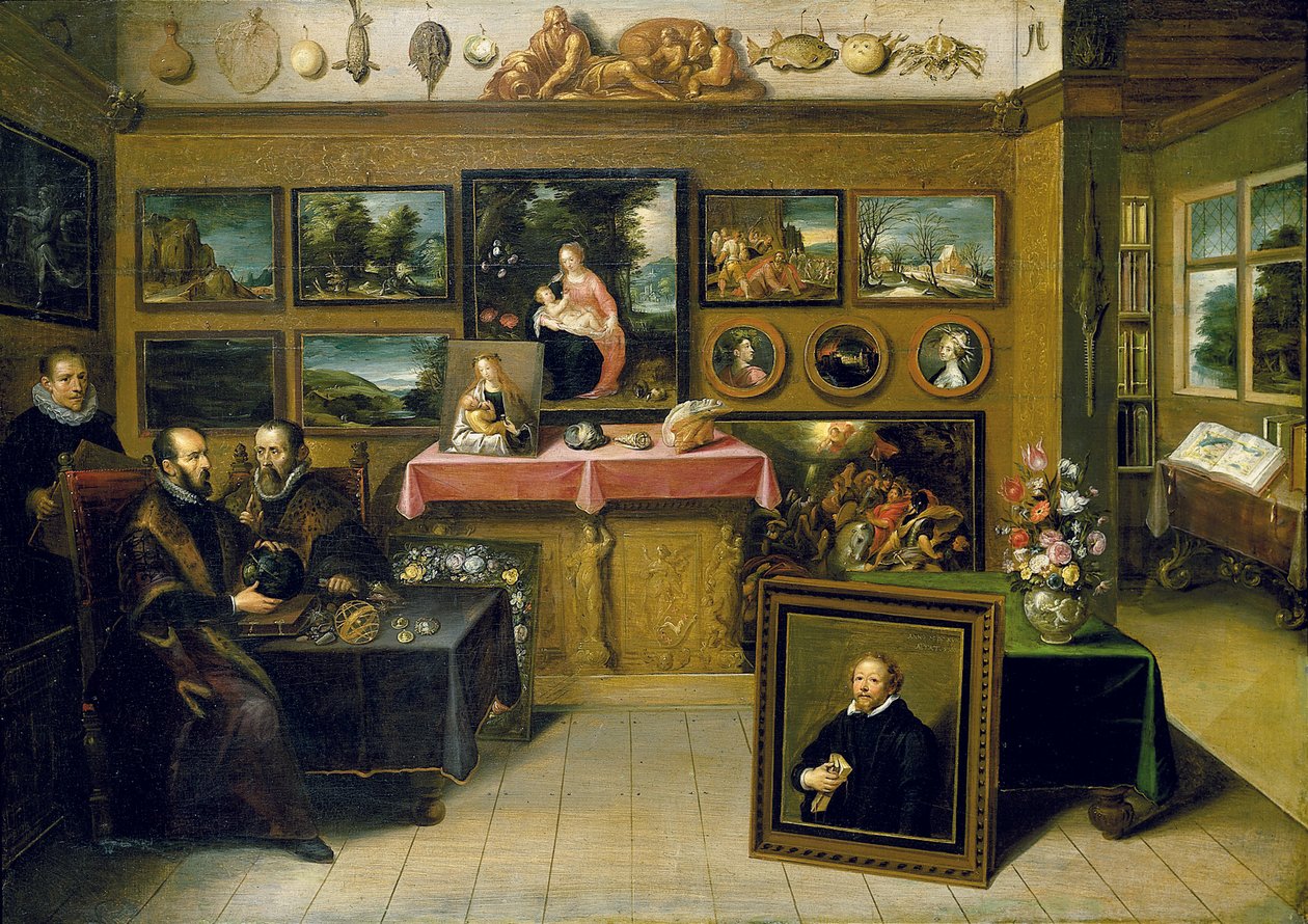 Keräilijän kaappi Abraham Orteliuksen ja Justus Lipsiuksen kanssa, 1618 tekijältä Frans II the Younger Francken