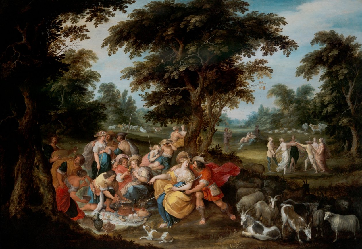 Arcadia: Pastoraalinen maisema, jossa paimenet ja paimentytär pitävät tekijältä Frans II the Younger Francken