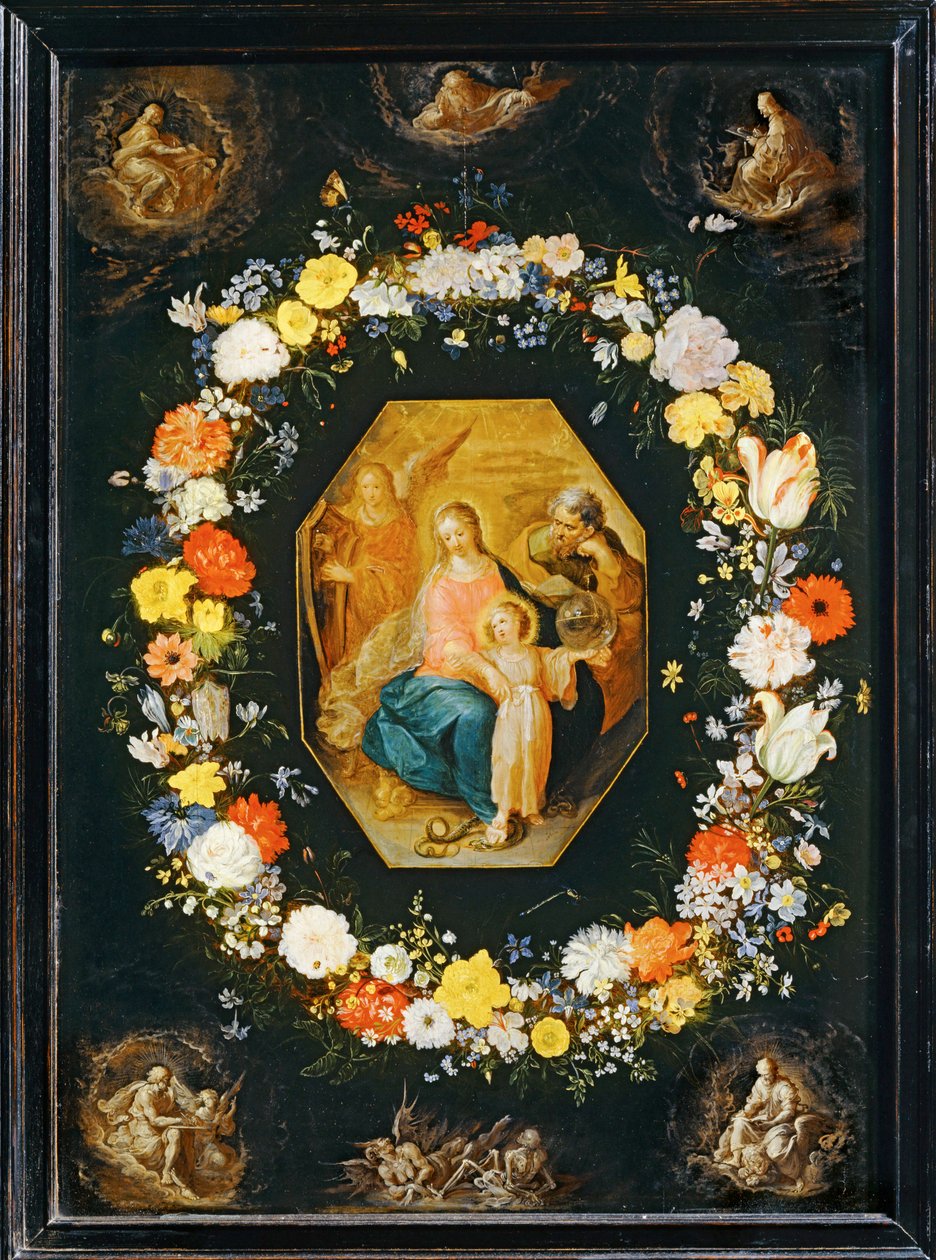 Pyhä perhe kukkaseppeleen ympäröimänä ... tekijältä Frans II the Younger Francken