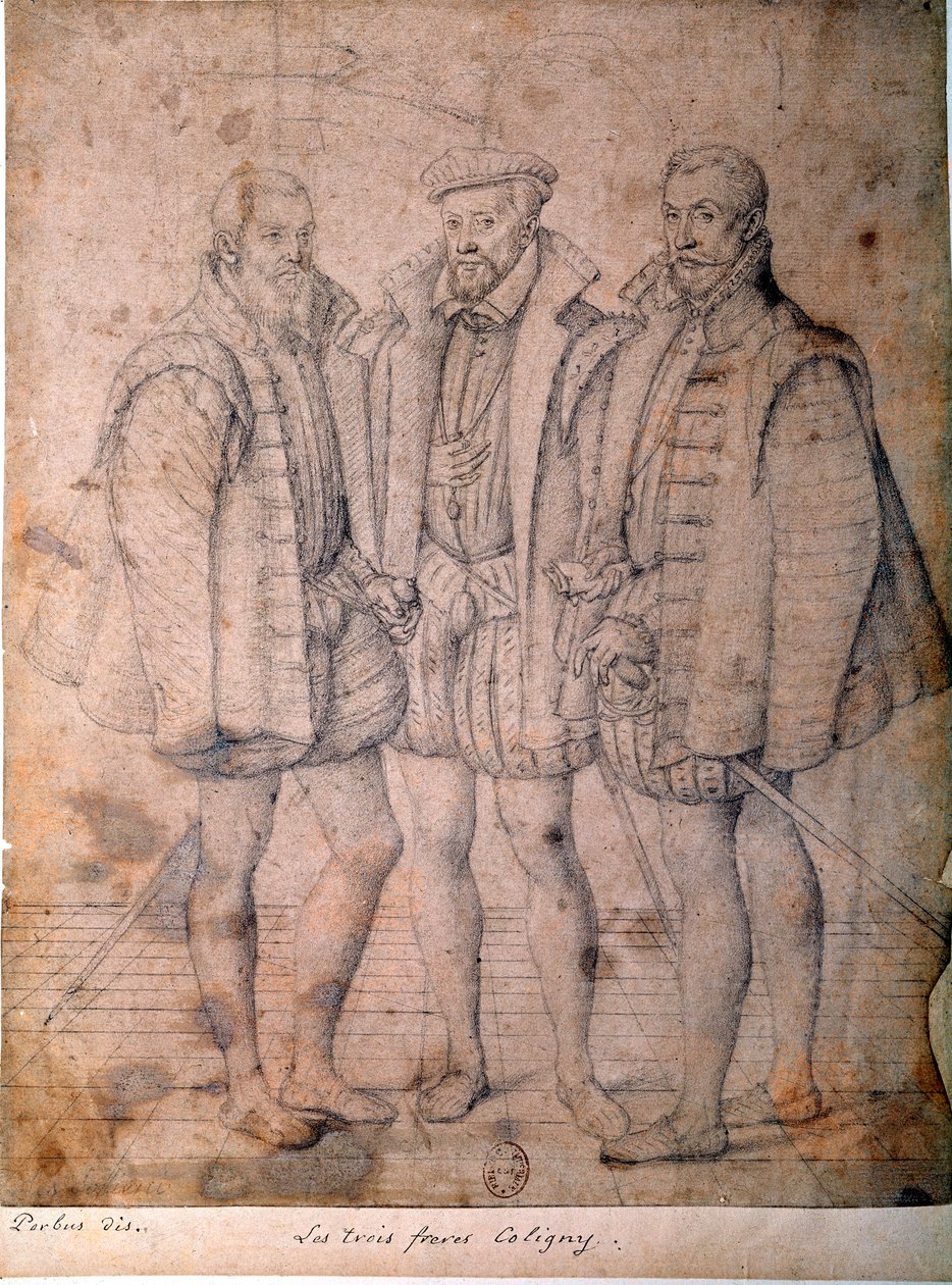 Kolmen Colignyn muotokuva: kardinaali Odet (1515-1571), Gaspard (1517-1572), Ranskan amiraali ja Francois (1521-1569), Andelotin herra. Piirustus, joka johtuu Fransista (Francois (Franz) Pourbus l