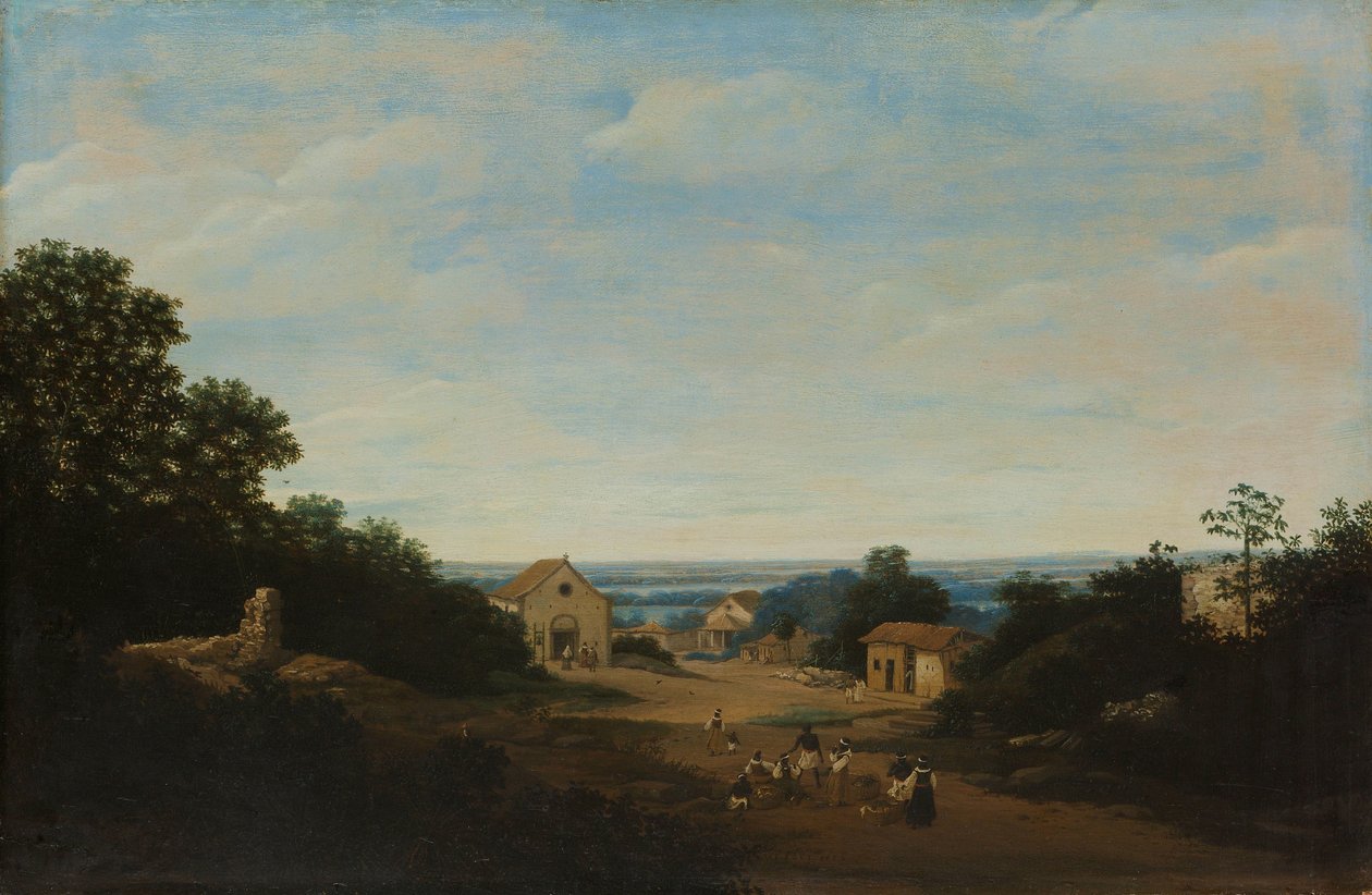 Brasilialainen maisema Igaraçún kylällä. Vasemmalla Pyhän Kosman ja Damianuksen kirkko tekijältä Frans Post