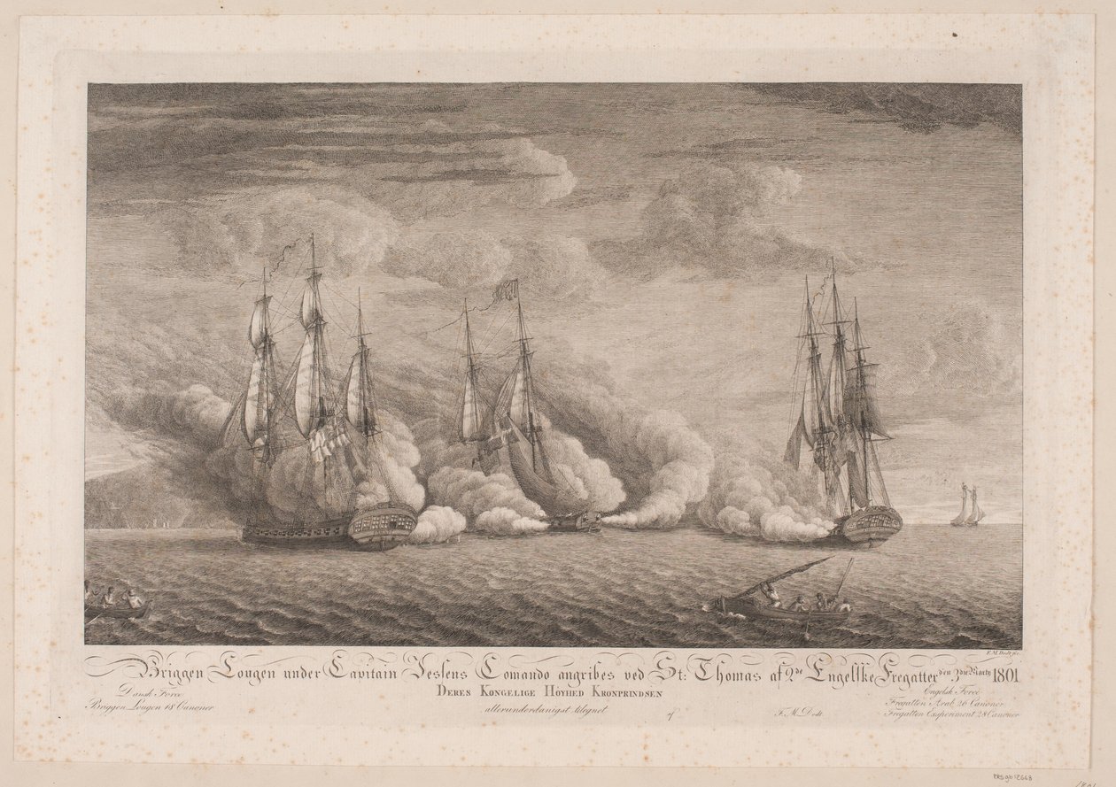 Lougenin prikaaseen hyökätään St. Thomas, 3. maaliskuuta 1801 tekijältä Frans Martin Dodt