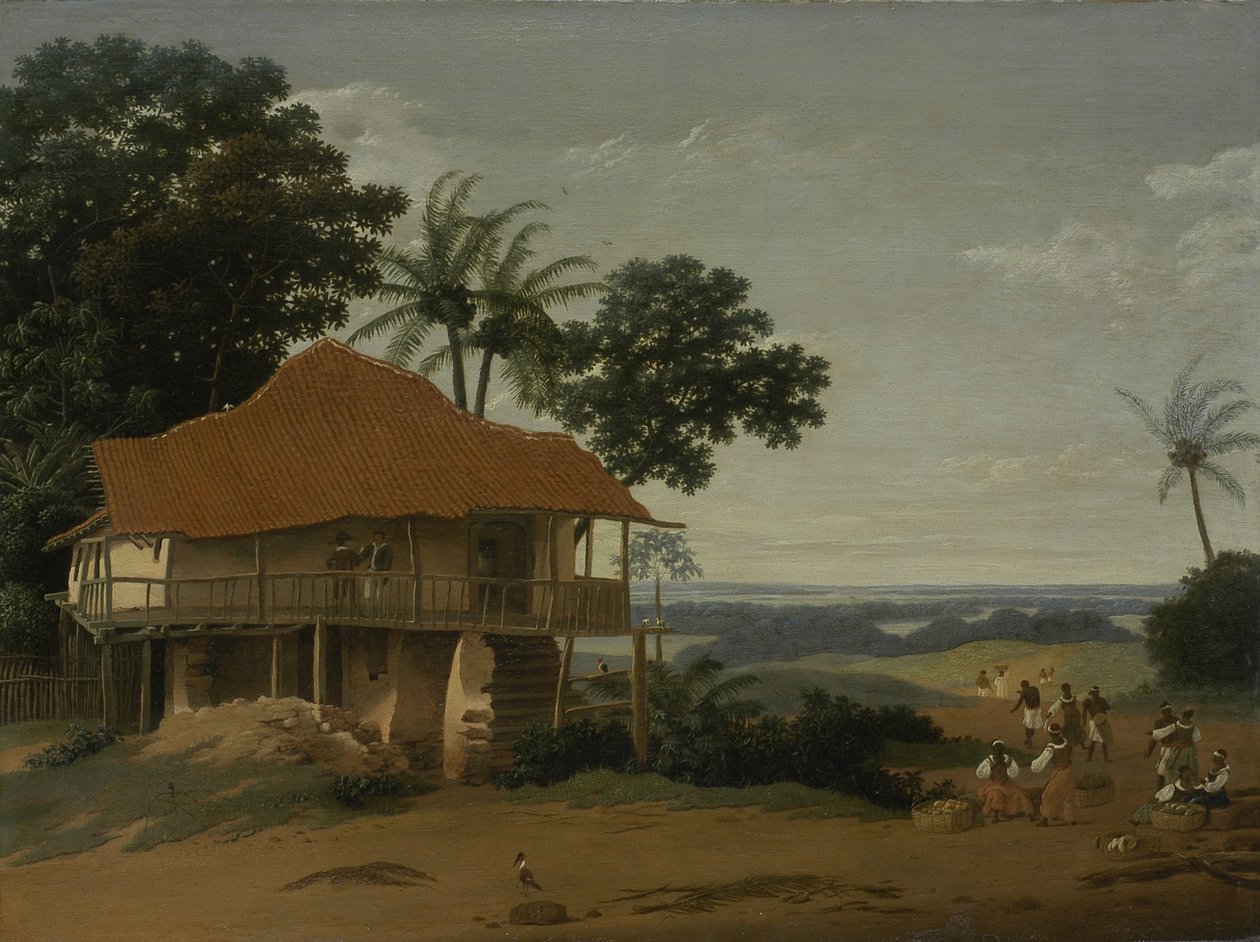 Brasilian maisema ja työläistalo, n. 1655 (öljy puulle) tekijältä Frans Post