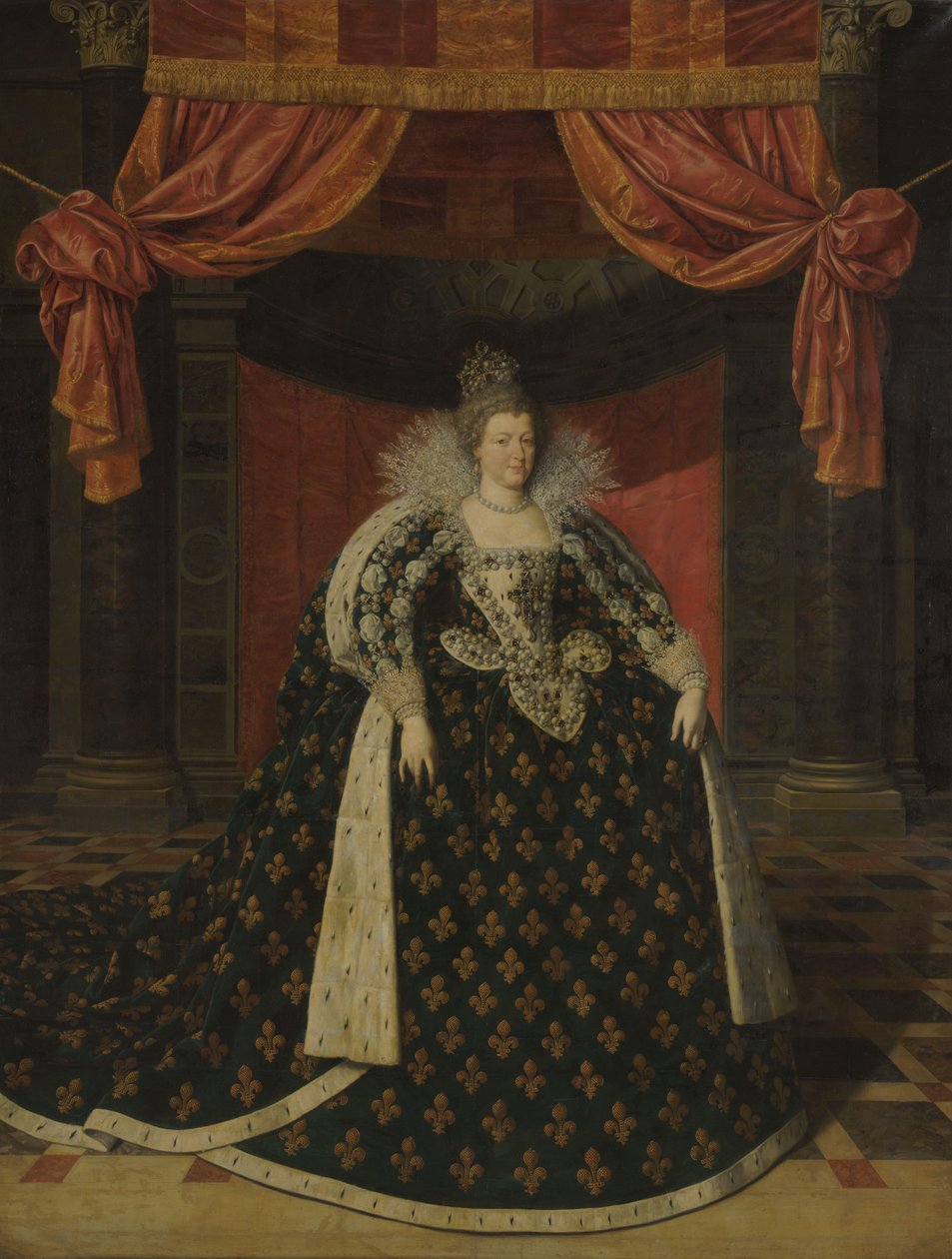 Ranskan kuningattaren Marie de Médicisin (1575-1642) muotokuva valtion kaapuissa tekijältä Frans Pourbus (II) (workshop of)