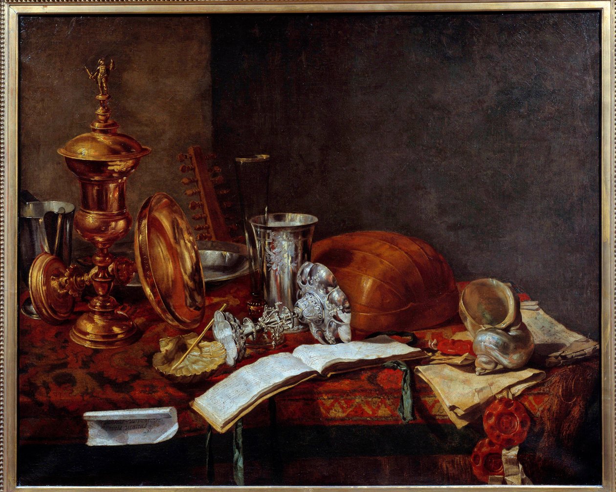 Asetelma taideesineineen (kuparikuppi, hopeaesineet, luuttu) Franz (Frans) Ryckhalsin (1600-1647) maalaus 1600-luvulta Dunkerque, Musee des Beaux Arts tekijältä Frans Ryckhals