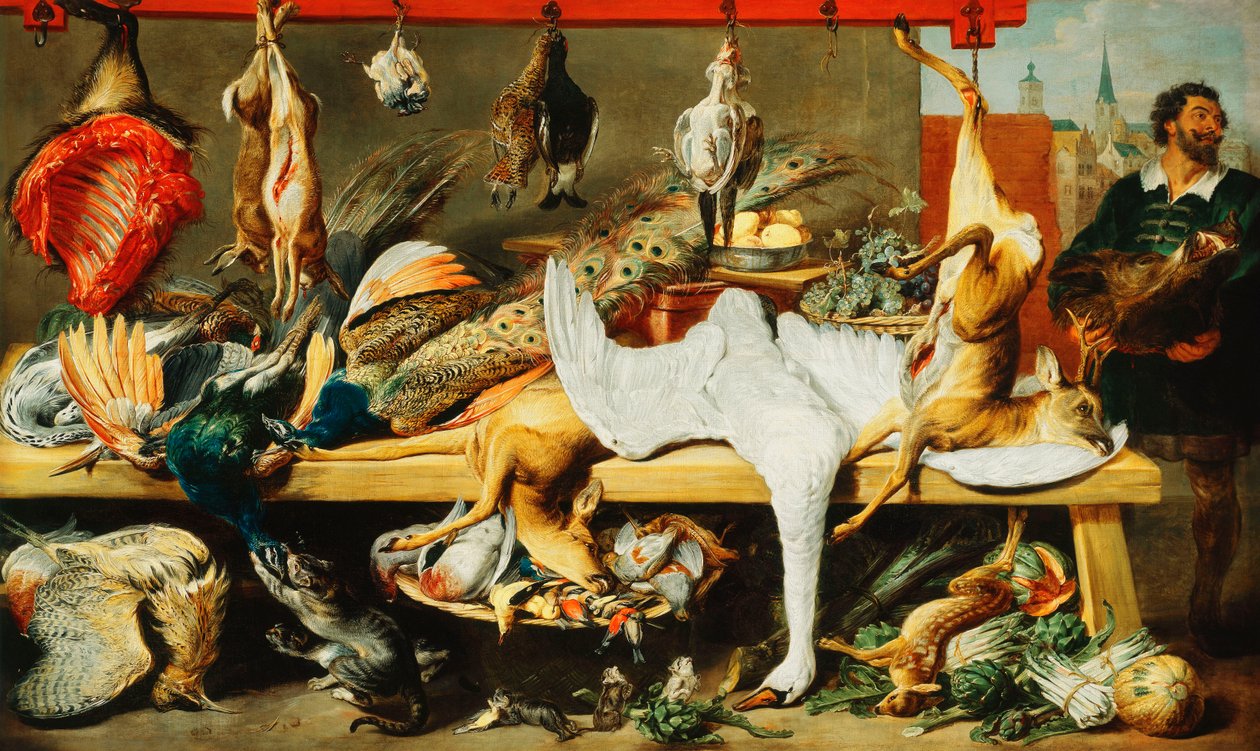 Teurastaja, jossa kissat ja kissanpennut leikkivät, ja teurastaja, jolla on villisian pää tekijältä Frans Snyders or Snijders