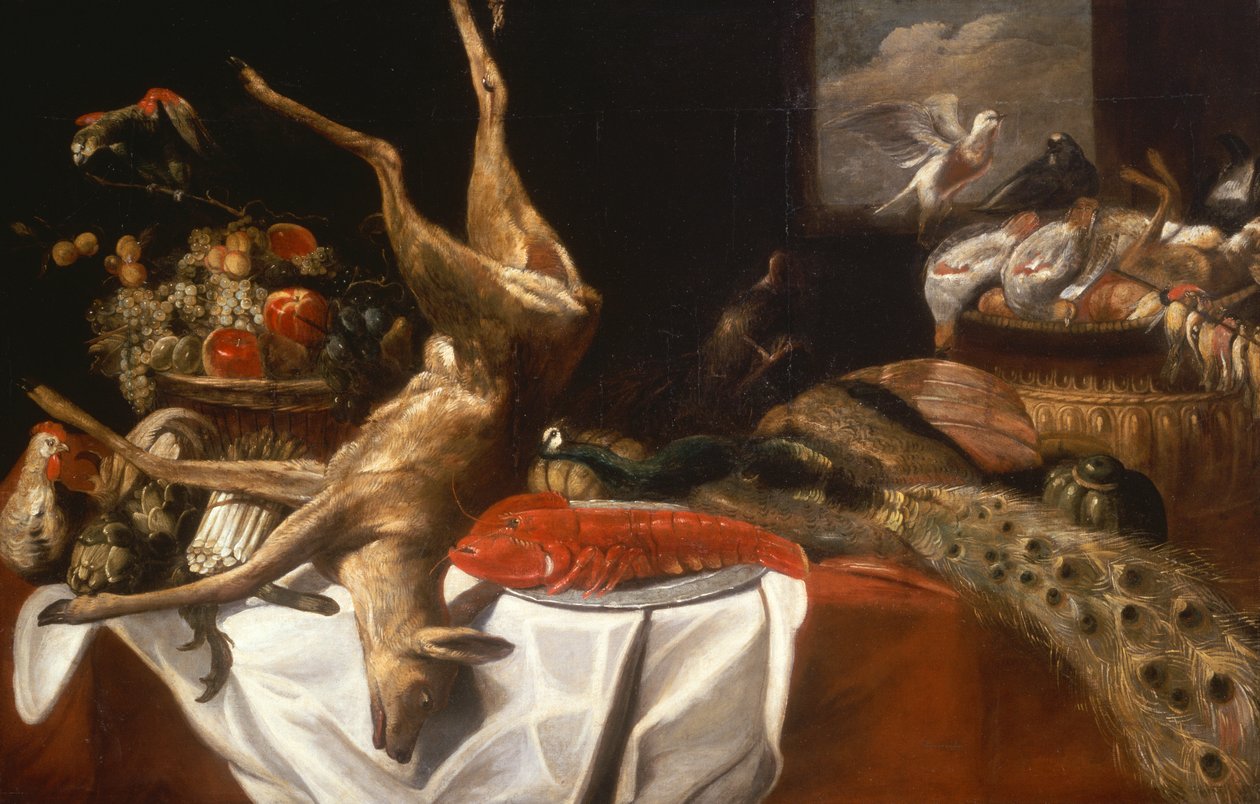 Kuollut peura ja linnut, hummeri lautasella, kori hedelmiä ja vihanneksia (öljy) tekijältä Frans Snyders
