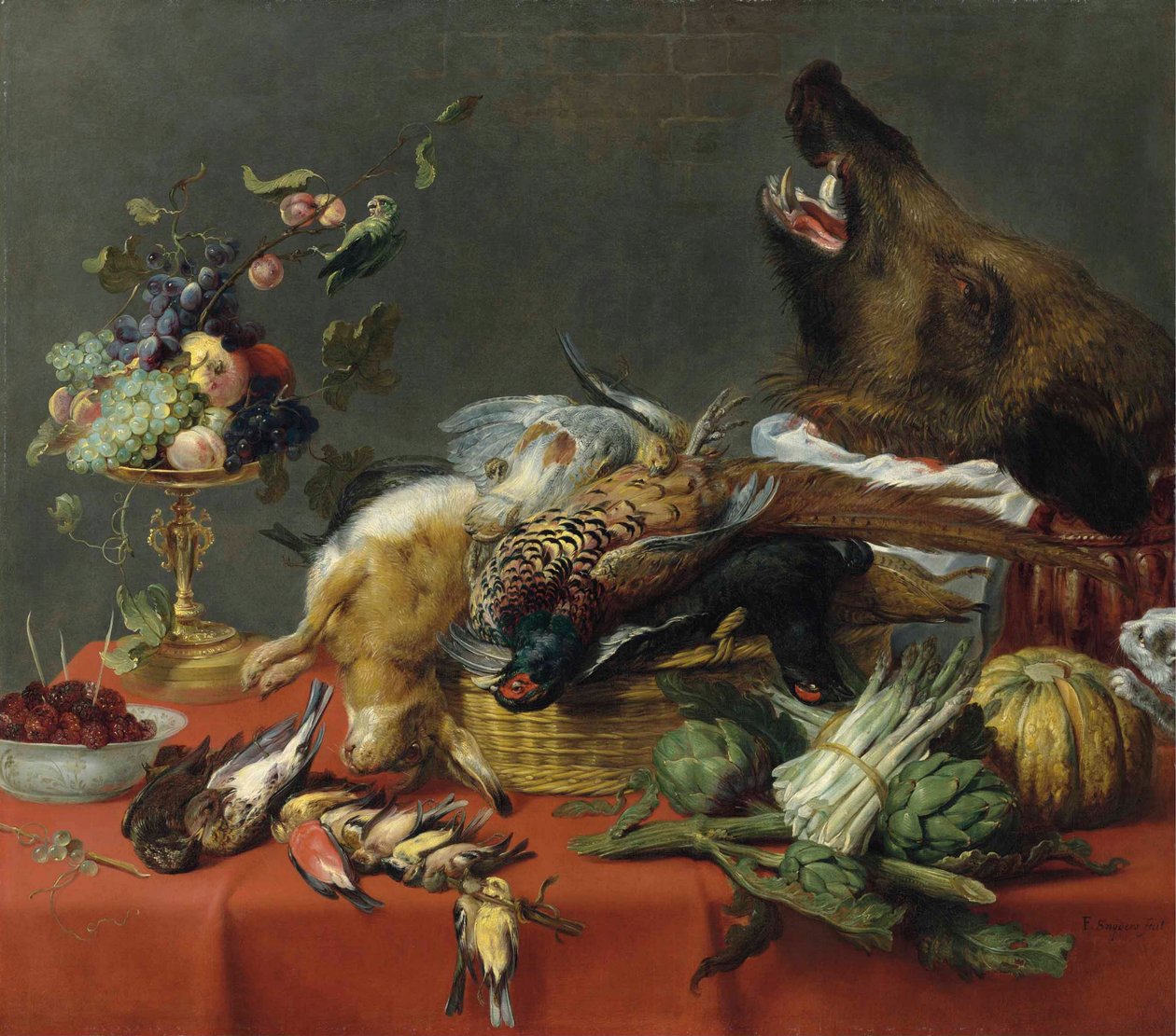 Pöytä, joka on täynnä riistaa, hedelmiä, vihanneksia ja villisian päätä. tekijältä Frans Snyders