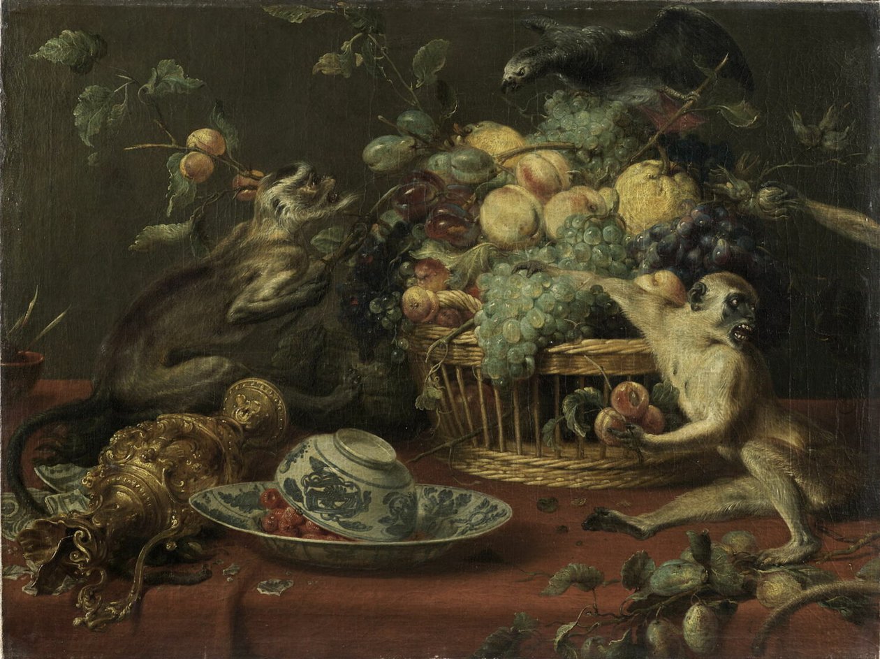 Apinoita ja papukaija hedelmäkorin lähellä tekijältä Frans Snyders