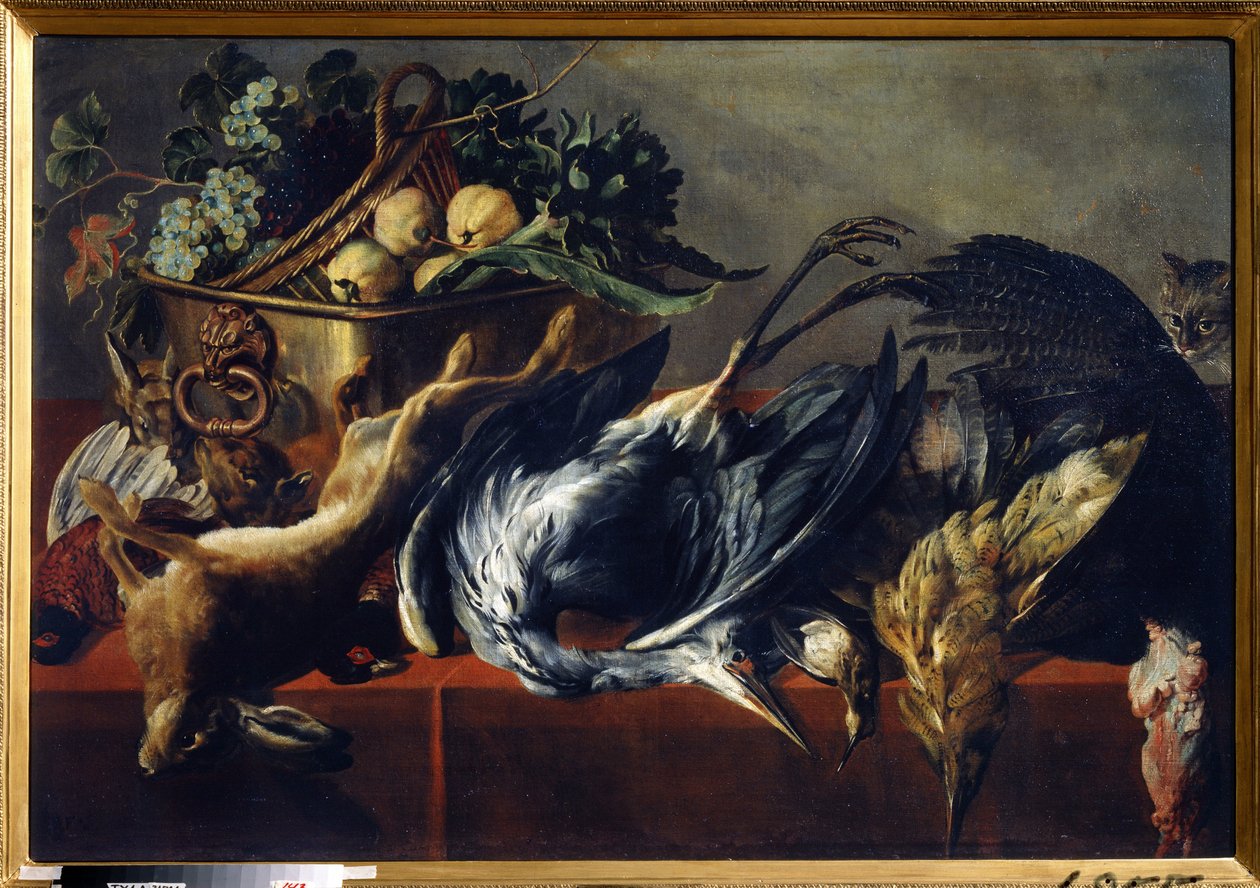 Asetelma eebenpuisella rinnalla. Frans Snydersin (1579-1657) maalaus. Öljy kankaalle, 98 x 160 cm. Flanderin koulu, barokkitaide. Valtion taidemuseo, Tula (tai Tolan). tekijältä Frans Snyders