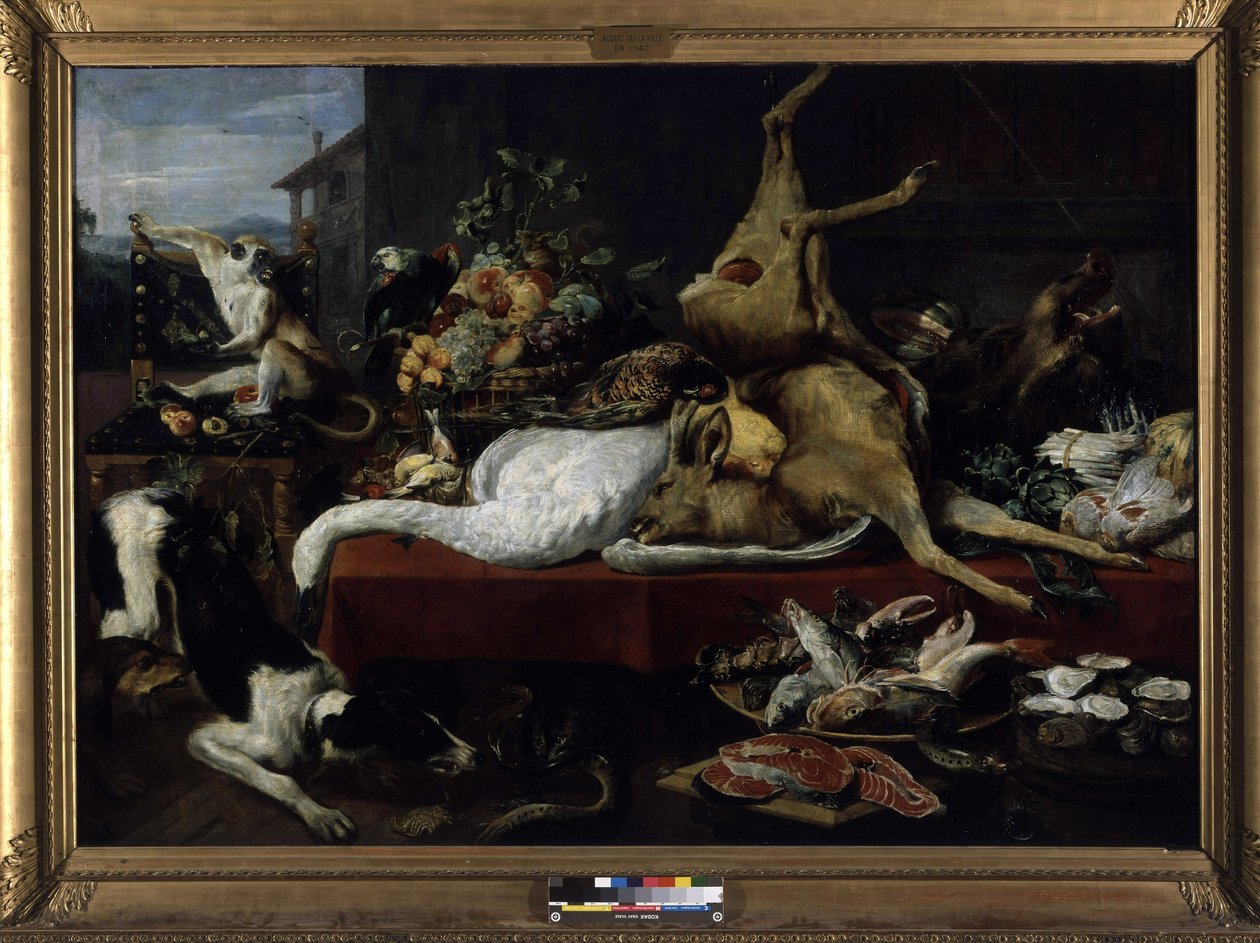 Riistan, kalan, hedelmien ja vihannesten asetelma (öljy kankaalle) tekijältä Frans Snyders