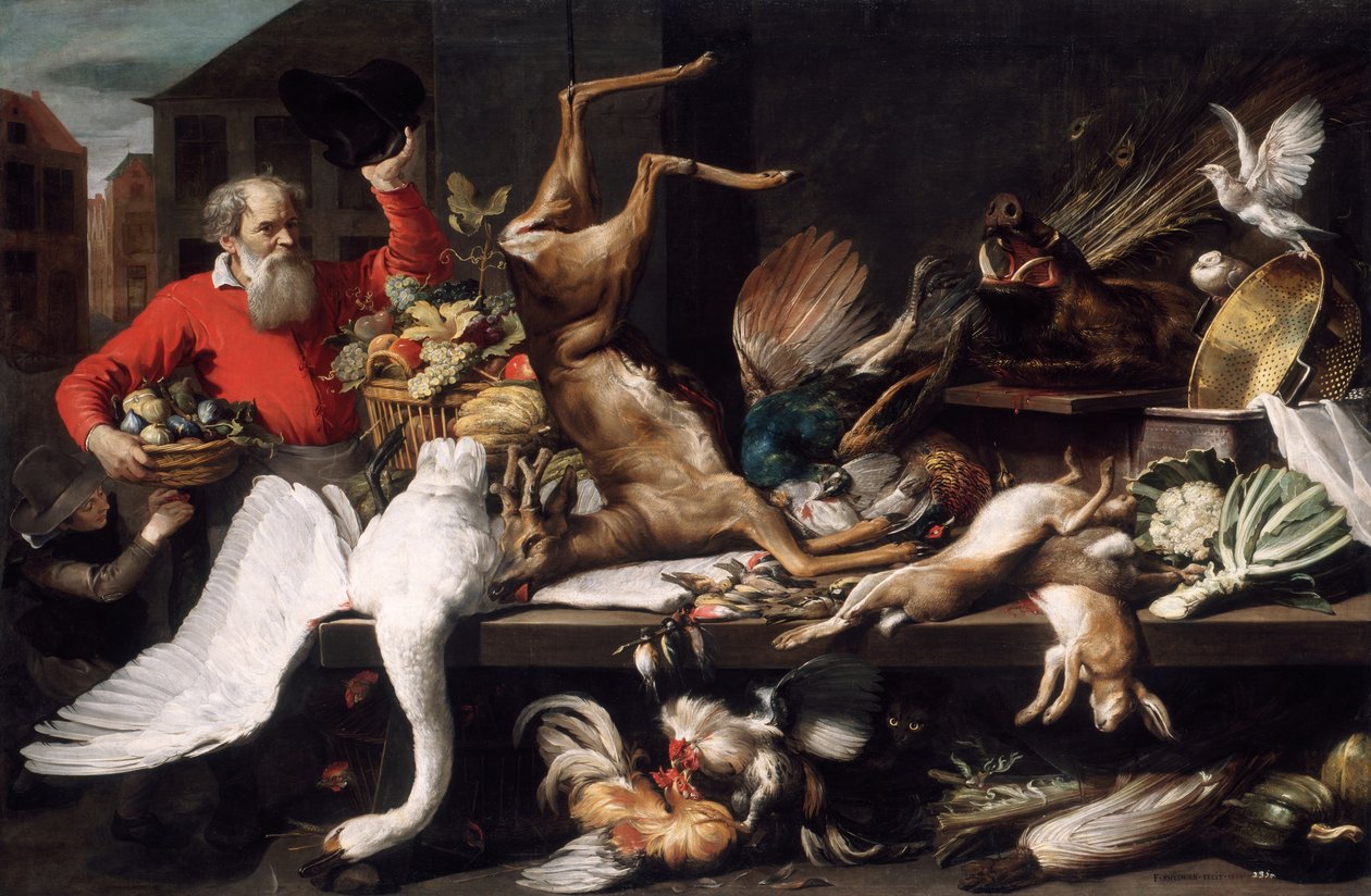 Asetelma kuolleiden pelien, hedelmien ja vihannesten kanssa torilla tekijältä Frans Snyders
