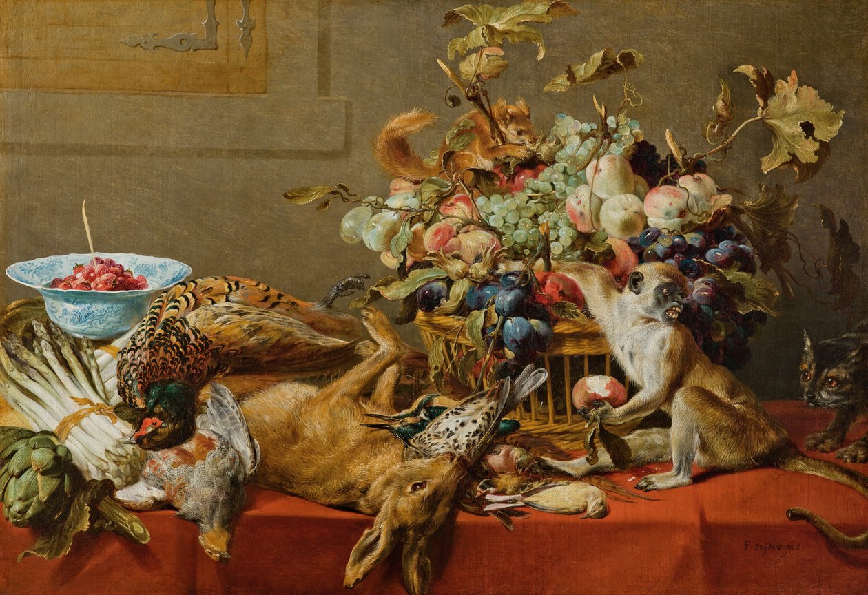 Hedelmäinen asetelma, jossa on hedelmiä, kuollutta riistaa, vihanneksia, elävä apina, orava ja kissa. tekijältä Frans Snyders