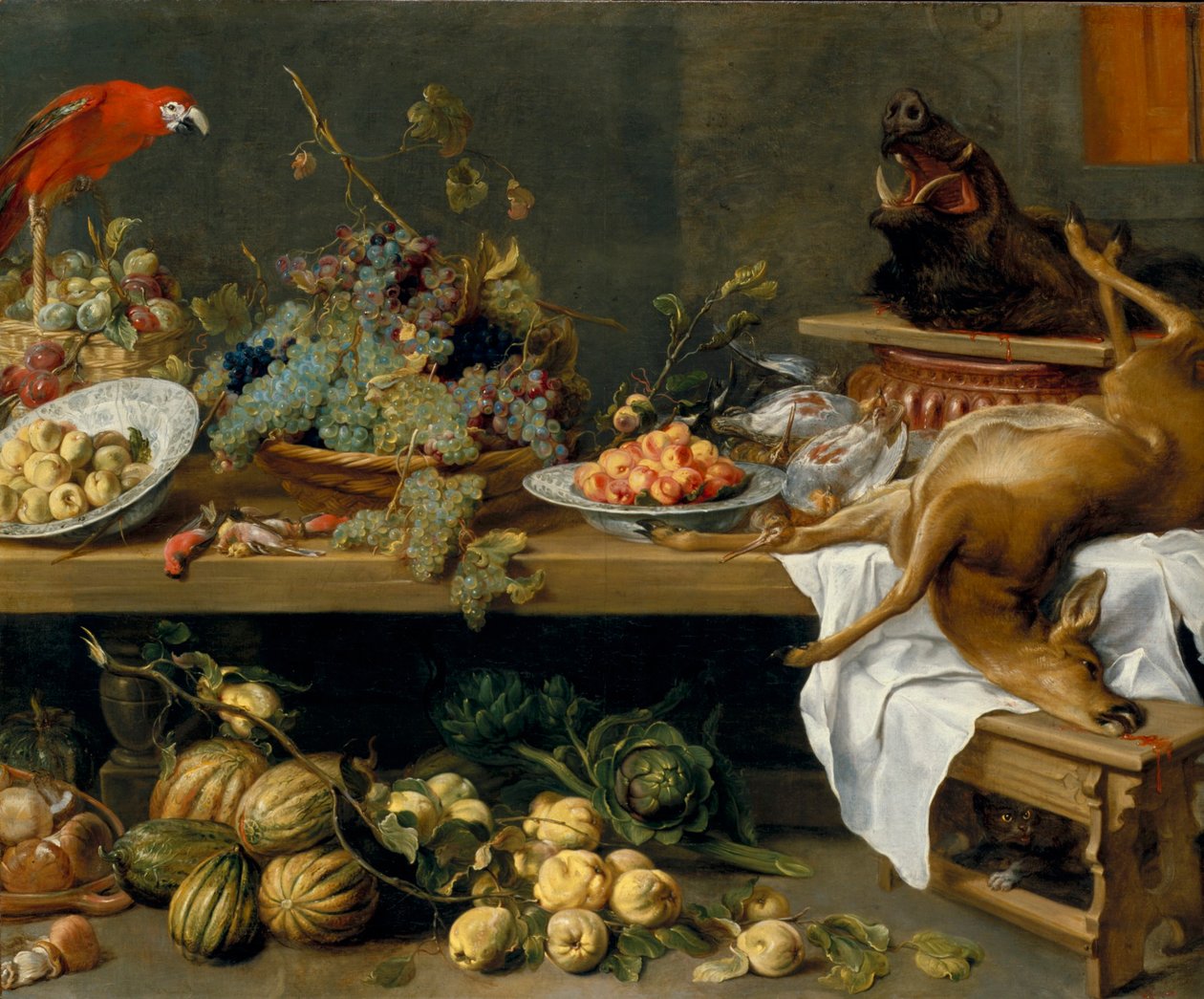 Hedelmiä, vihanneksia ja kuollutta riistaa sisältävä asetelma tekijältä Frans Snyders