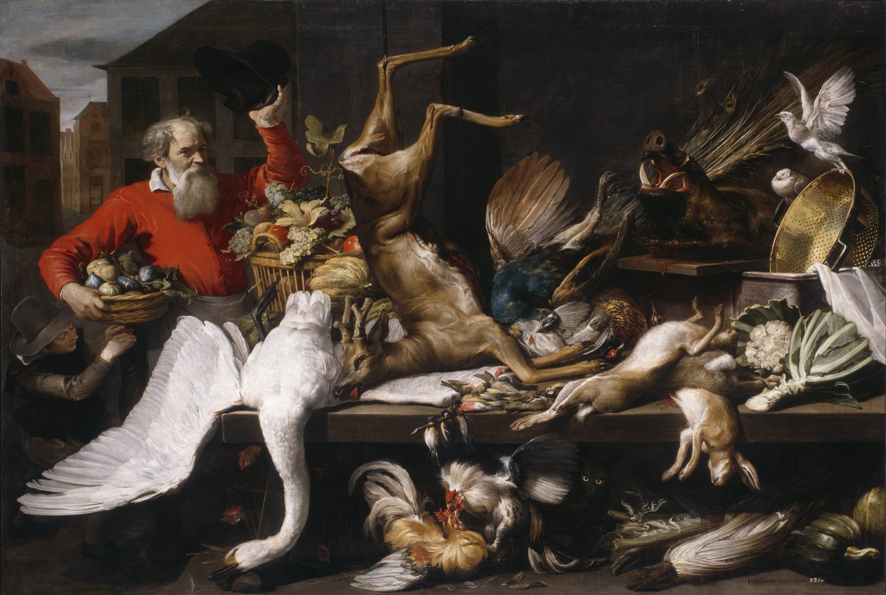 Asetelma kuolleilla riistalla, hedelmillä ja vihanneksilla torilla, 1614 tekijältä Frans Snyders or Snijders