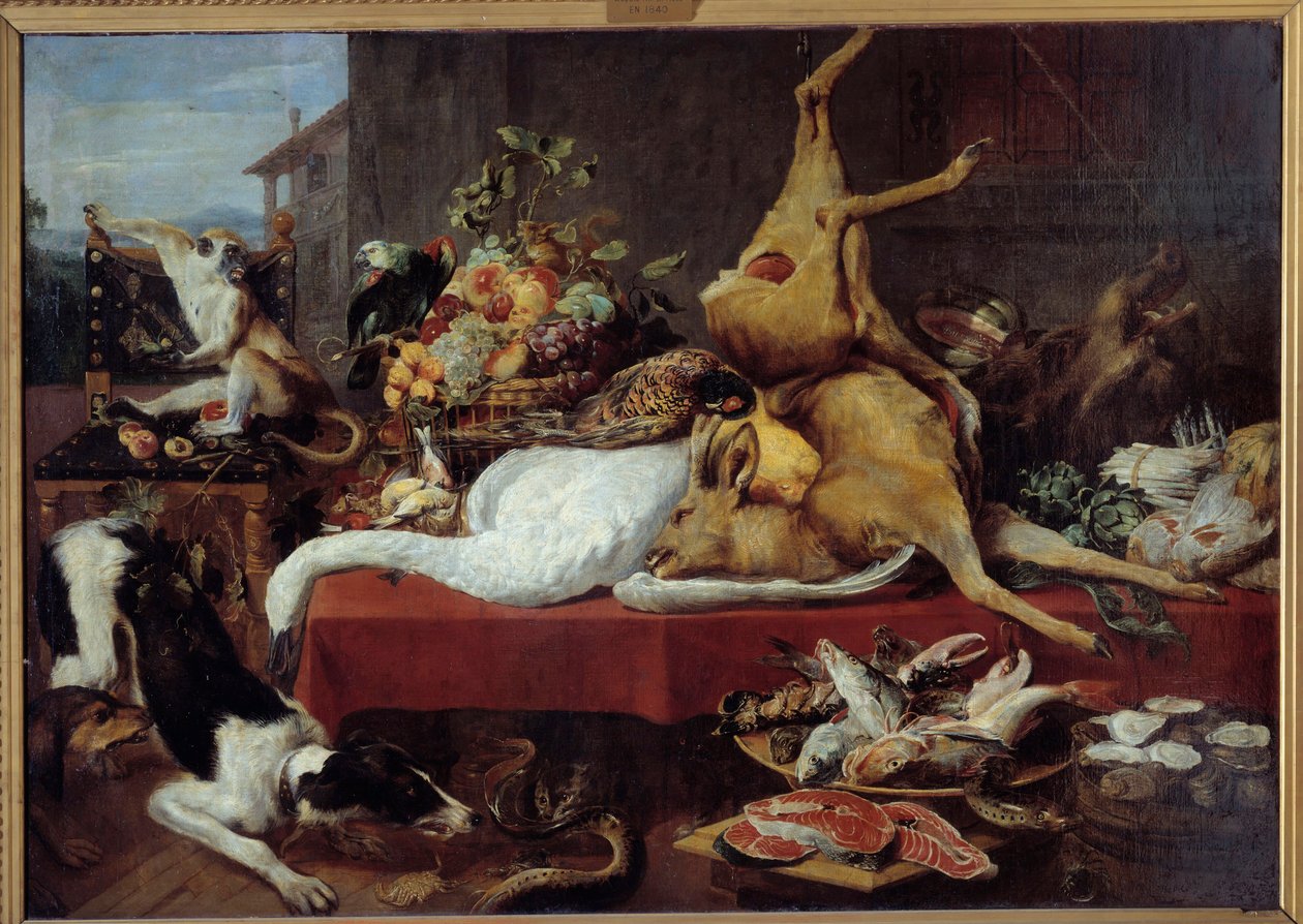 Asetelma peuran kanssa Riista (fasaani, hanhi, hirvi), kalaviipale, rapu, palkokasvit. Frans Snydersin maalaus (1579-1657) tekijältä Frans Snyders
