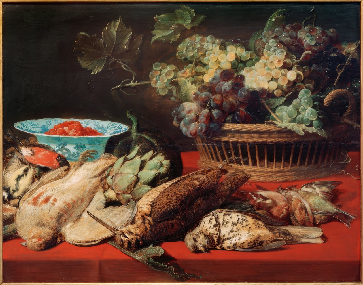 Asetelma - kori viinirypäleitä, lintuja ja mansikoita tekijältä Frans Snyders