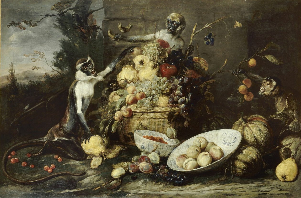 Kolme apinaa varastamassa hedelmiä, näkymä maisemaan tekijältä Frans Snyders