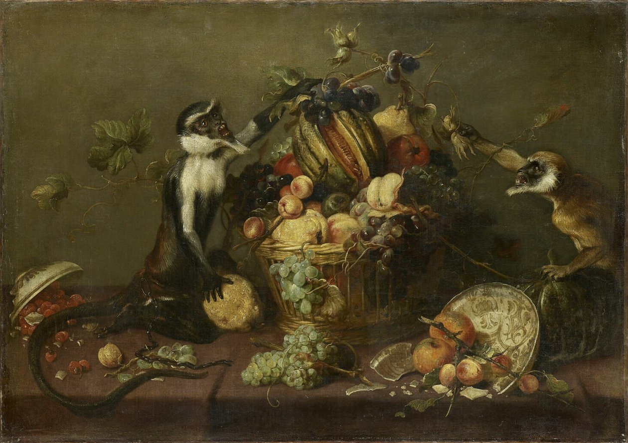 Kaksi apinaa ryöstämässä hedelmäkoria tekijältä Frans Snyders