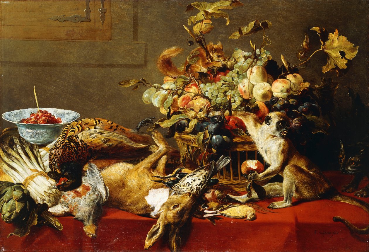Hedelmäkori päällystetyllä pöydällä, jossa on kuollut riista ja apina, tekijältä Frans Snyders or Snijders