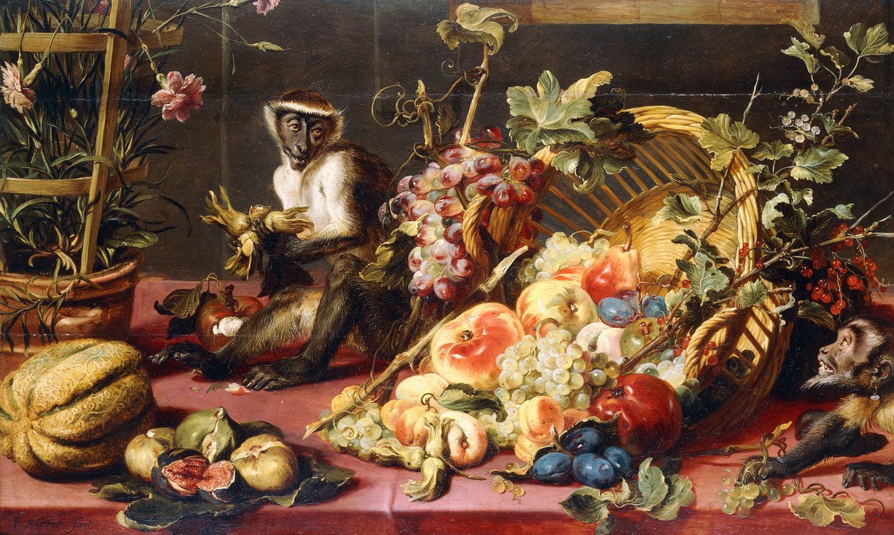 Kaatunut hedelmäkori päällystetylle pöydälle apinoiden kanssa, tekijältä Frans Snyders or Snijders