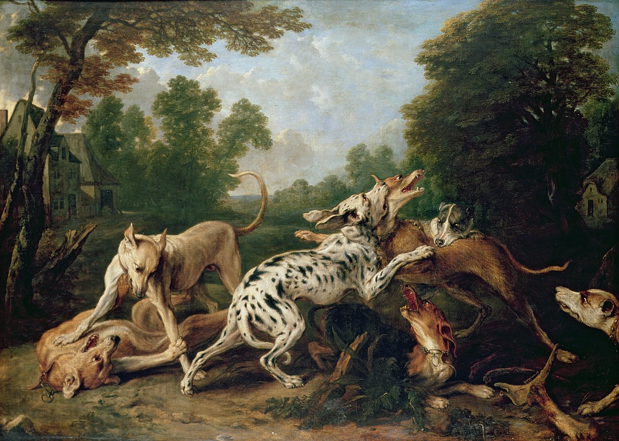 Koirat taistelevat metsäisellä aukiolla tekijältä Frans Snyders or Snijders