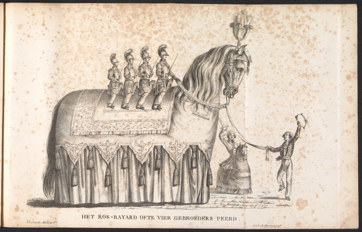 Ros Beiaard kellukkeena Saint Romboutin kulkueessa, 1825 Ros-Bayard tai Four Brothers Peerd (otsikko esineessä) tekijältä Frans Vervloet