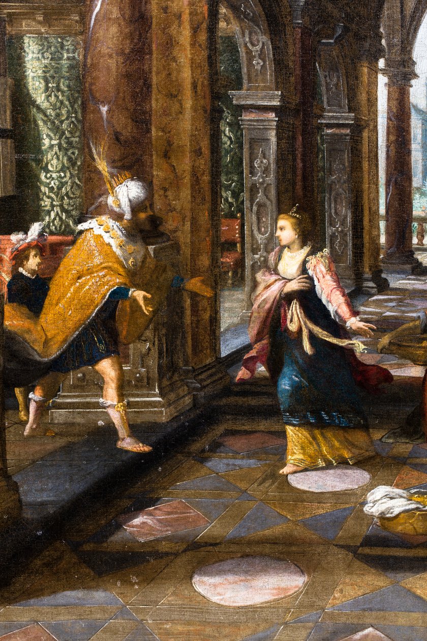 Salomo toivottaa Saaban kuningattaren tervetulleeksi palatsiinsa. tekijältä Frans & Vries Paul V. de (1567 1630) Francken