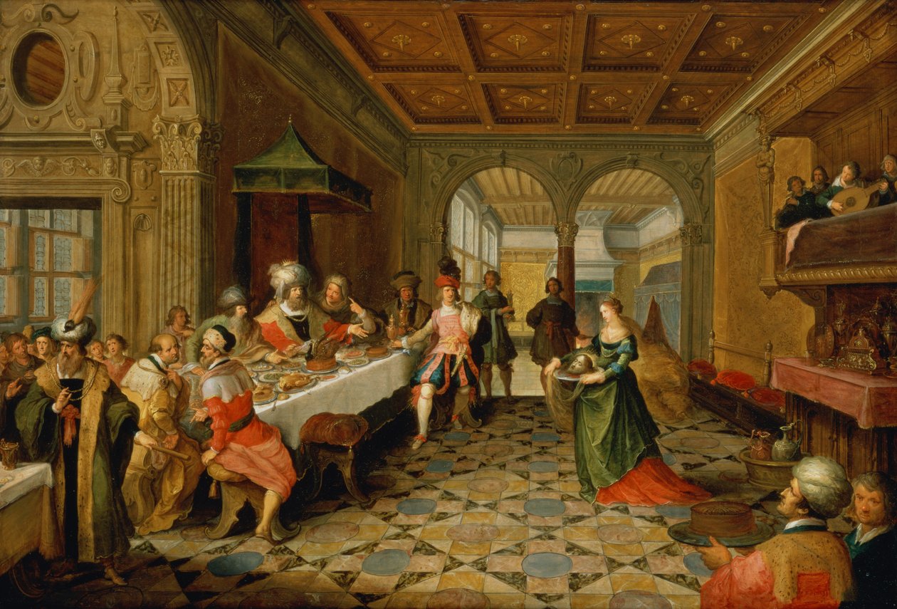 Salome esittelee Pyhän Johannes Kastajan pään kuningas Herodekselle tekijältä Frans and Vries, Paul V. de Francken