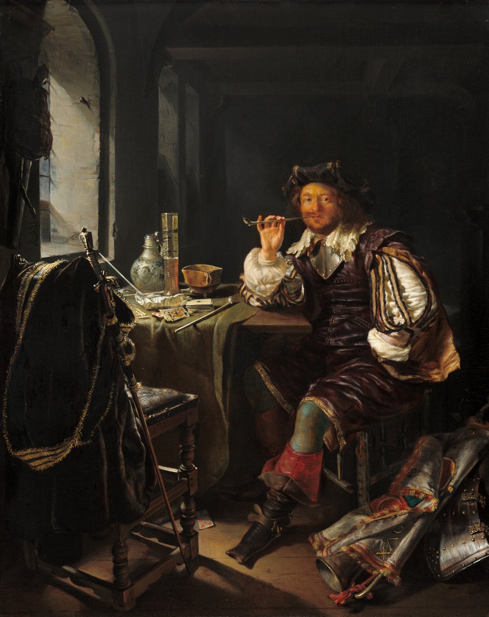 Piippua polttava sotilas, c. 16571658. tekijältä Frans van Mieris