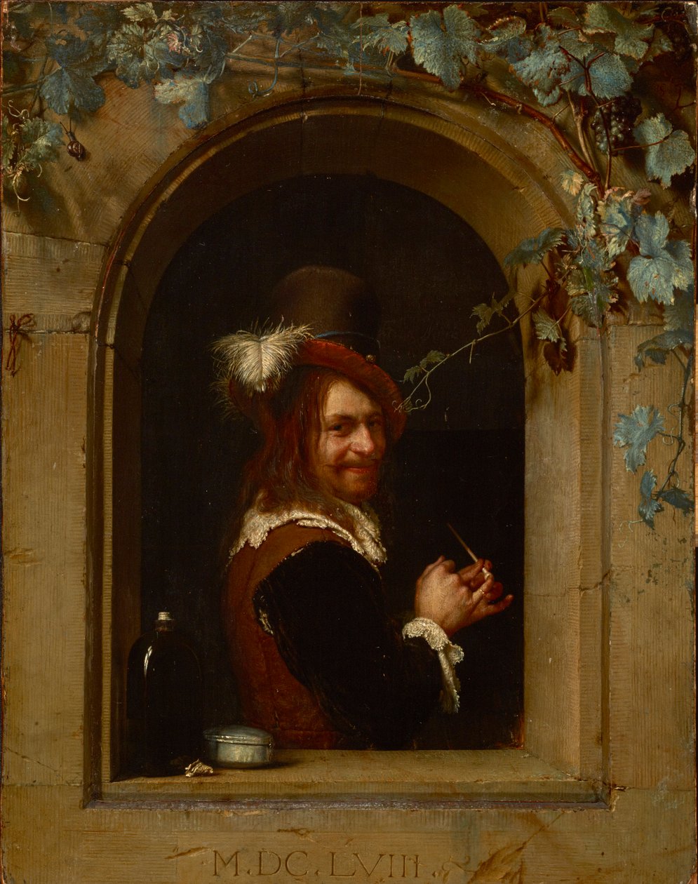 Mies piipun kanssa ikkunassa - Mies piipun kanssa ikkunassa, Mieris, Frans van Mieris de Oudere tai Vanhin (1635-1681). Öljy puulle, n. 1658. Koko: 20x15,5 cm. Brukenthalin kansallismuseo, Sibiu tekijältä Frans van Mieris