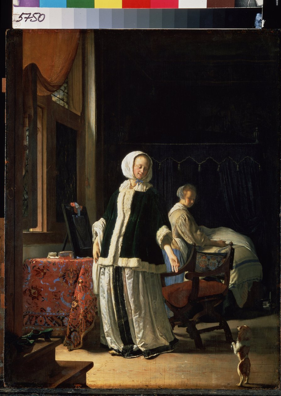 Nuoren naisen aamu. (Nuoren naisen aamu). Nainen ja hänen piikansa tarkkailevat koiran harjoittelua. Frans van Mieris de Ouderen maalaus, joka tunnetaan nimellä Frans Mieris vanhin tai vanhin (1635-1681), noin 1660. Öljy puulle. hollantilainen taide, sty tekijältä Frans van Mieris