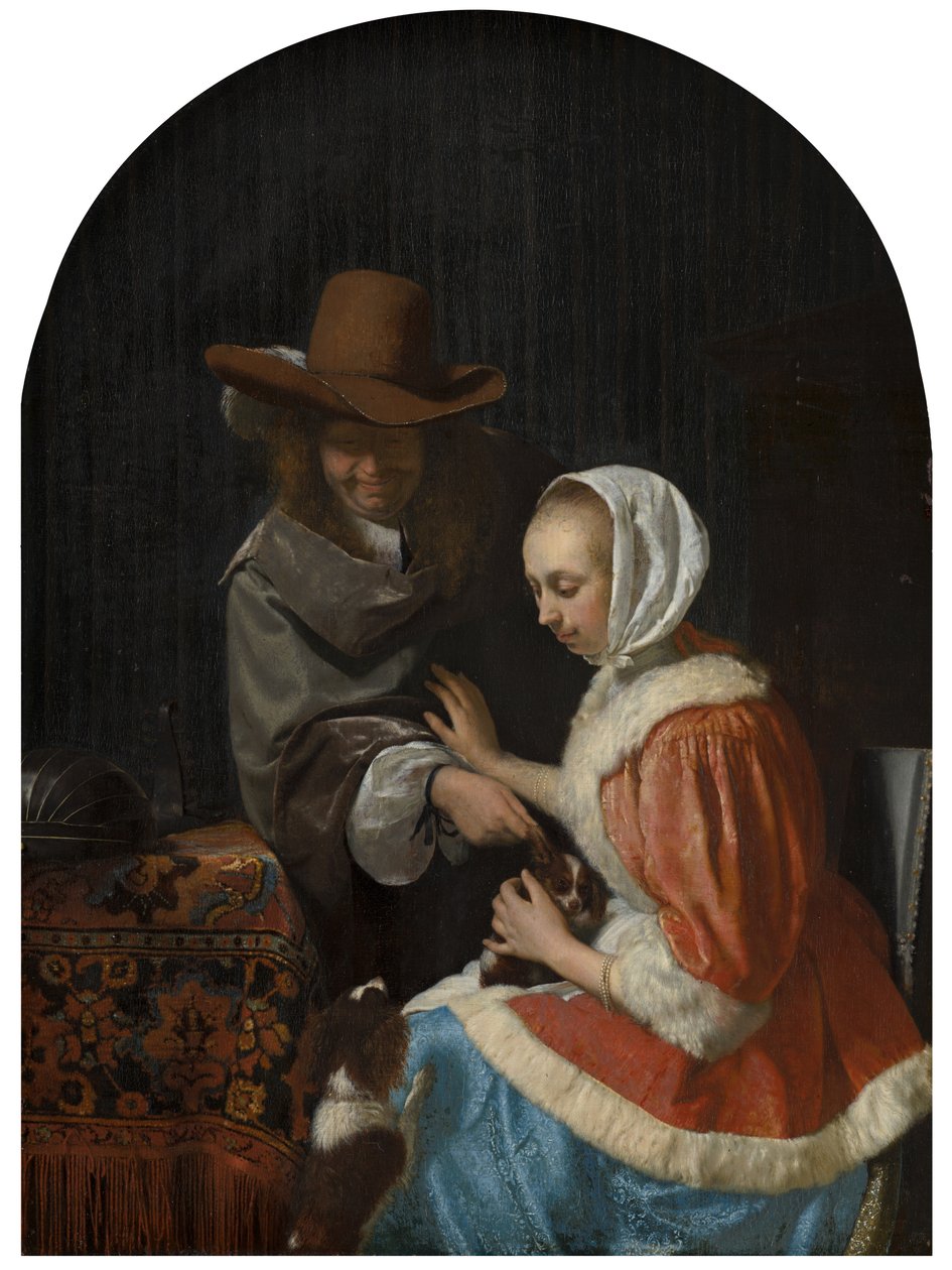 Mies ja nainen kahdella koiralla, tunnetaan nimellä "Teasing the Pet", 1660 tekijältä Frans van Mieris