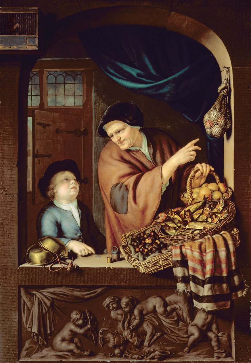 Chesnut and Kipper Seller, 1722 (öljy tammella) tekijältä Frans van Mieris