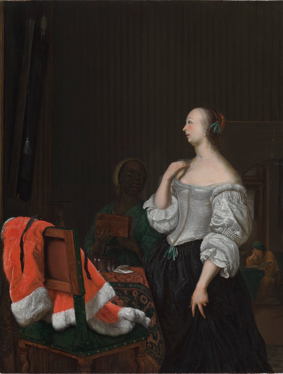 Nainen seisoo peilin edessä tekijältä Frans van Mieris the Elder